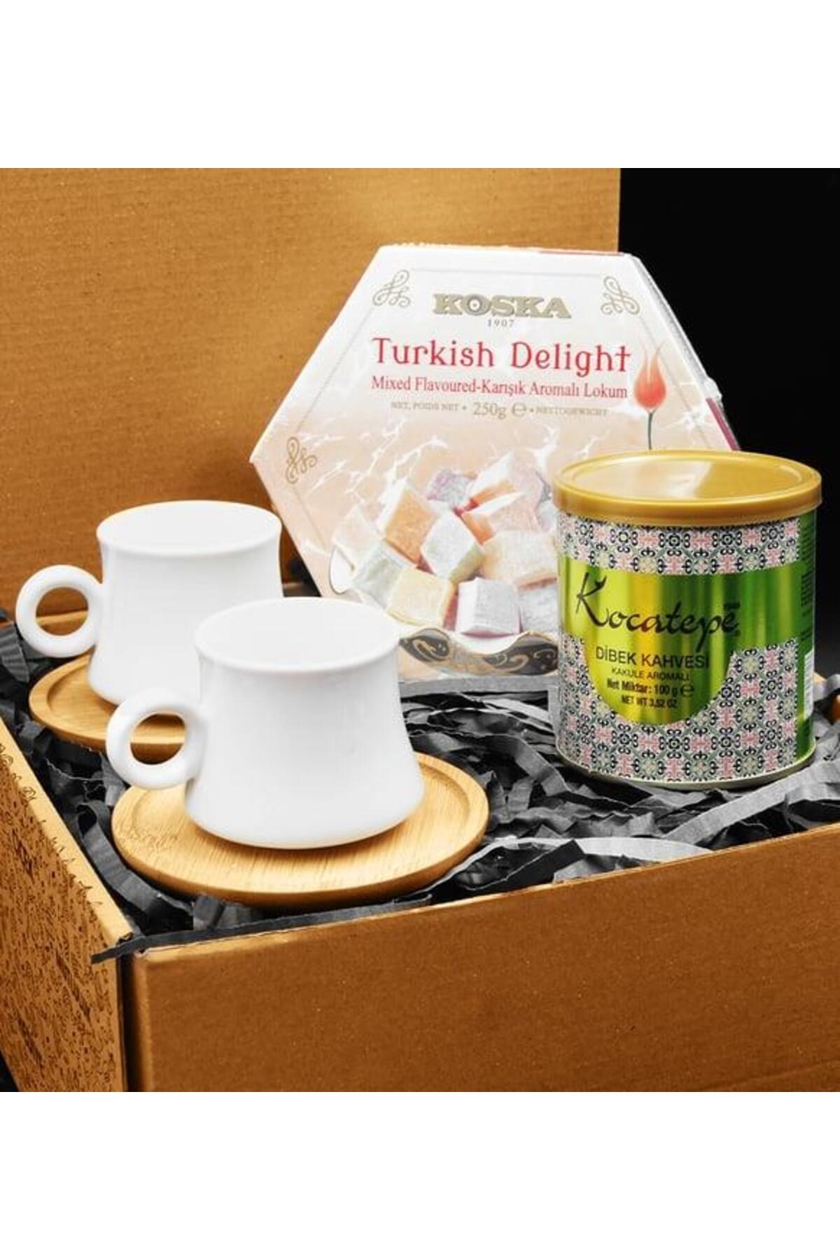 Bambu Tabaklı Porselen İkili Fincan & Koska Lokum & Dibek Kahvesi Hediye Seti