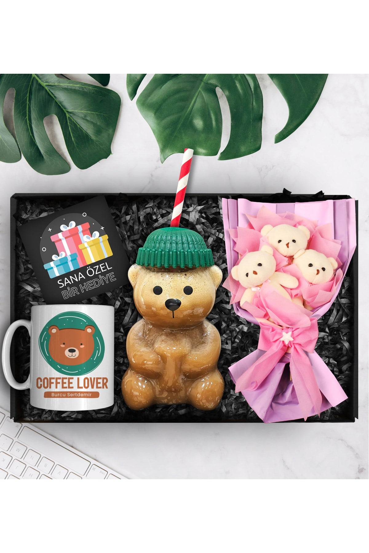 Bearista Şapkalı Pipetli Ayıcık Cam Bardak & Kişiye Özel Tasarım Kupa & Üçlü Peluş Ayıcık Buketi