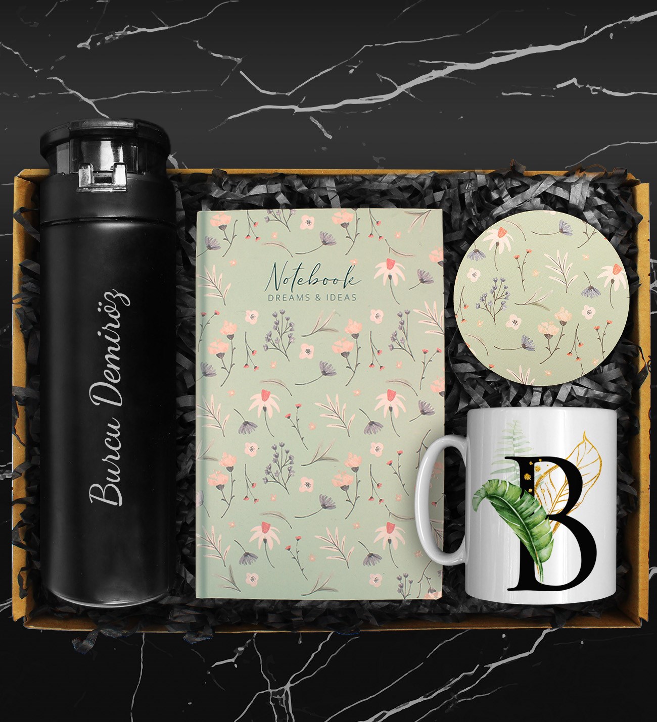 Cam Matara Suluk & Kişiye Özel Kupa & Özel Tasarım Defter & Bardak Altlığı Hediye Seti