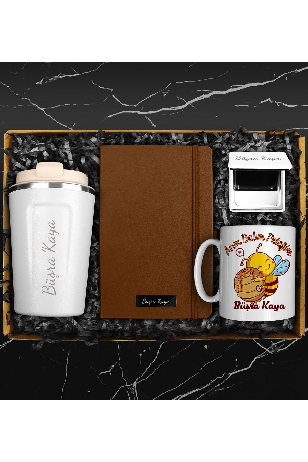 Çelik Bardak Termos & Taba Rengi Defter & Özel Tasarımlı Kupa & Kişiye Özel Beyaz Ayna Hediye Seti