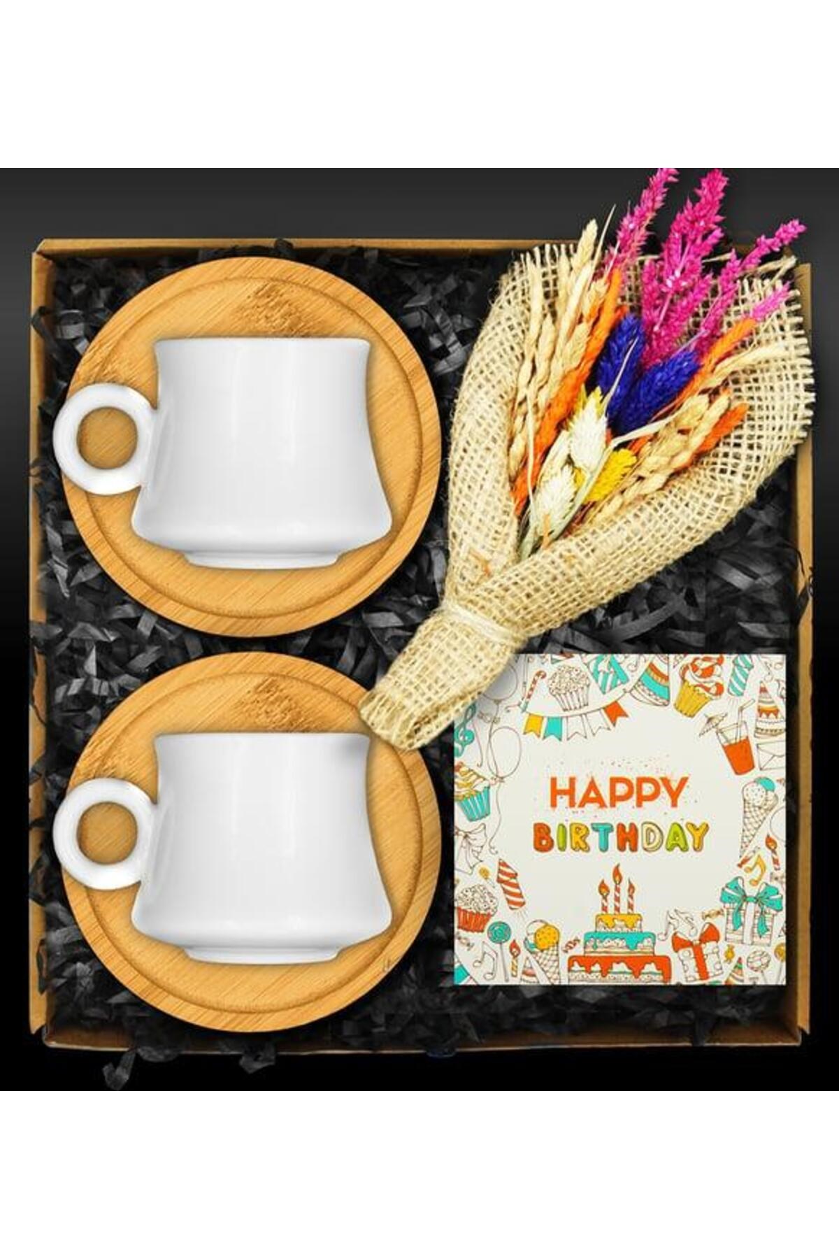 Doğum Gününe Özel Bambu Tabaklı İkili Porselen Fincan & Bahar Coşkusu Kuru Çiçek Demeti & Doğum Günü