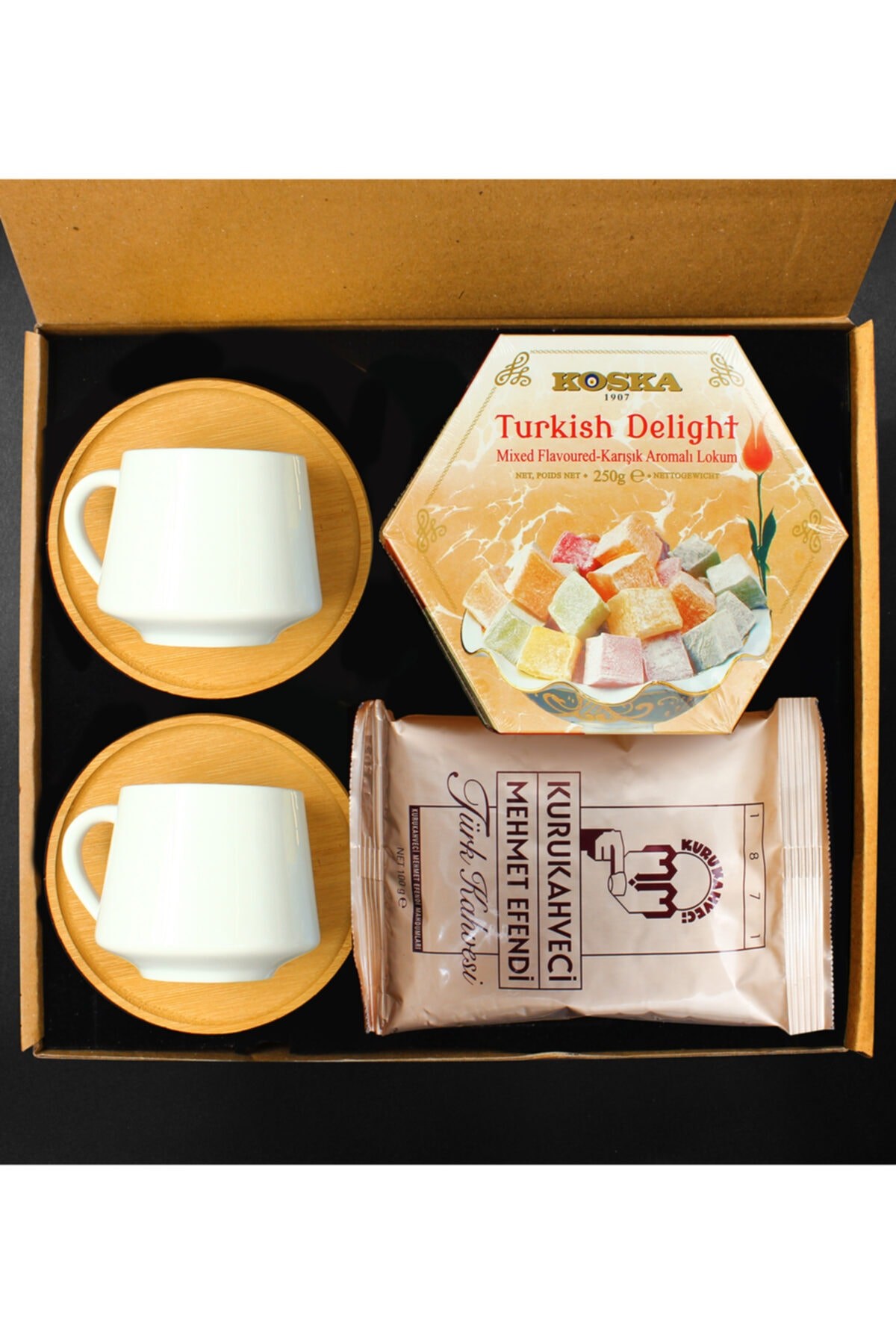 Ikili Bambu Porselen Türk Kahvesi Fincanı Seti & 250 Gram Karışık Koska Lokum & Türk Kahvesi