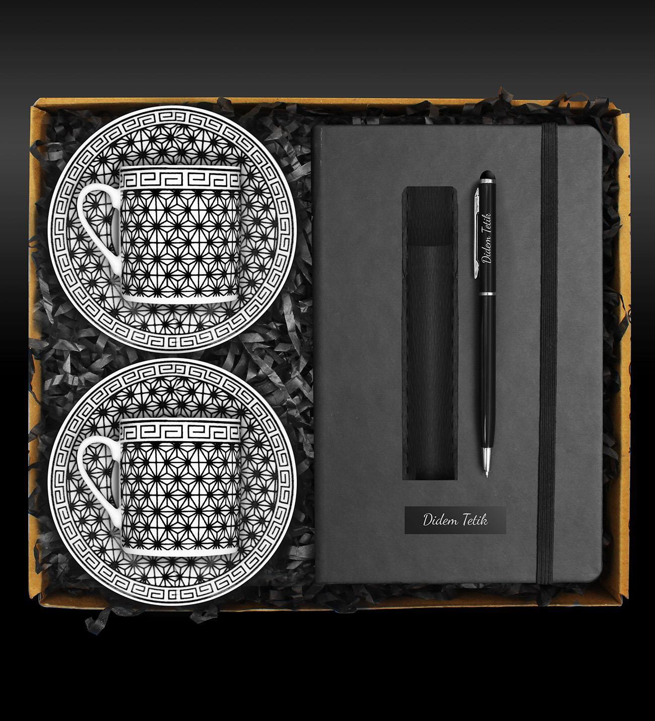 İkili Desenli Porselen Fincan Takımı & Kişiye Özel Defter & Deri Kılıflı Touch Pen Kalem Seti