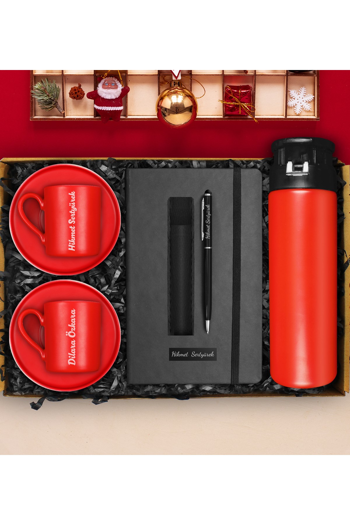 Kırmızı Cam Matara Suluk & İkili Porselen Kırmızı Fincan & Defter & Touch Pen Kalem Hediye Seti