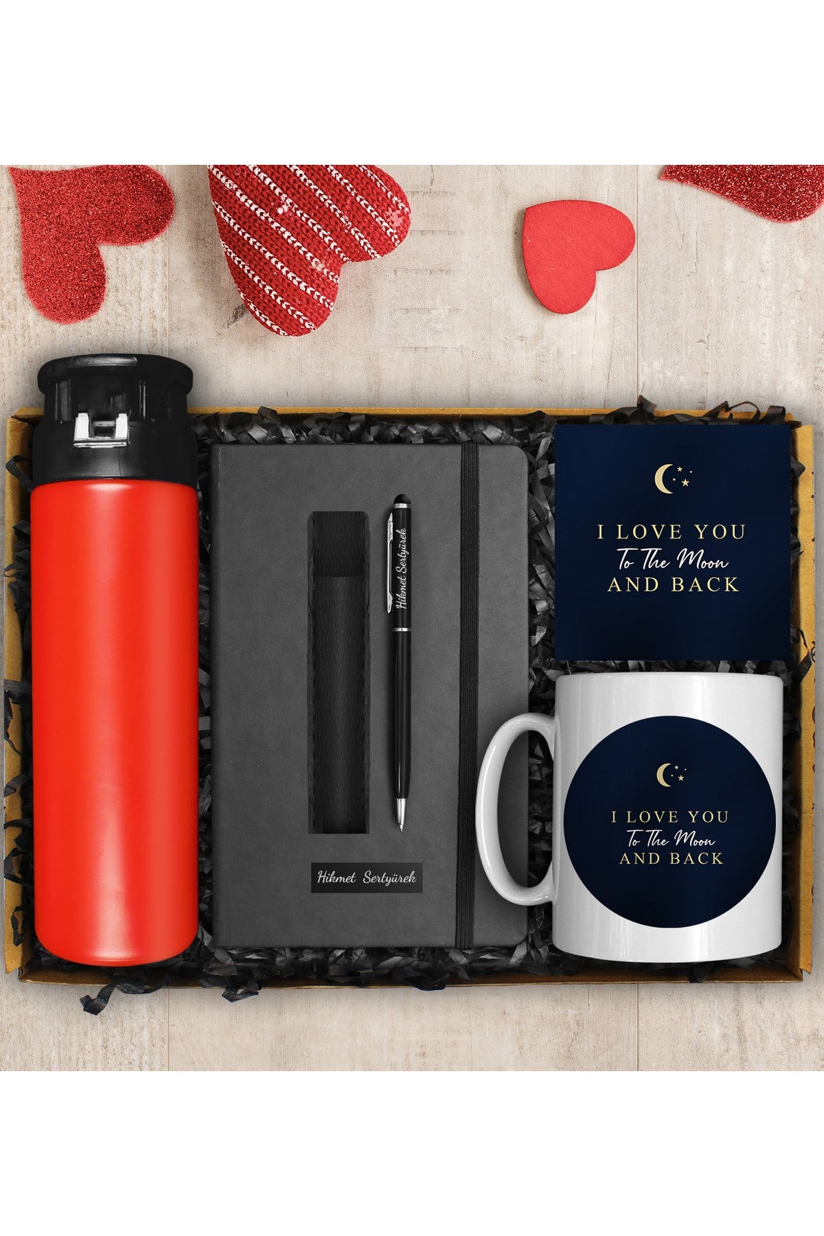 Kırmızı Cam Matara Suluk & Tasarımlı Kupa & Defter & Deri Kılıflı Touch Pen Kalem & Kart