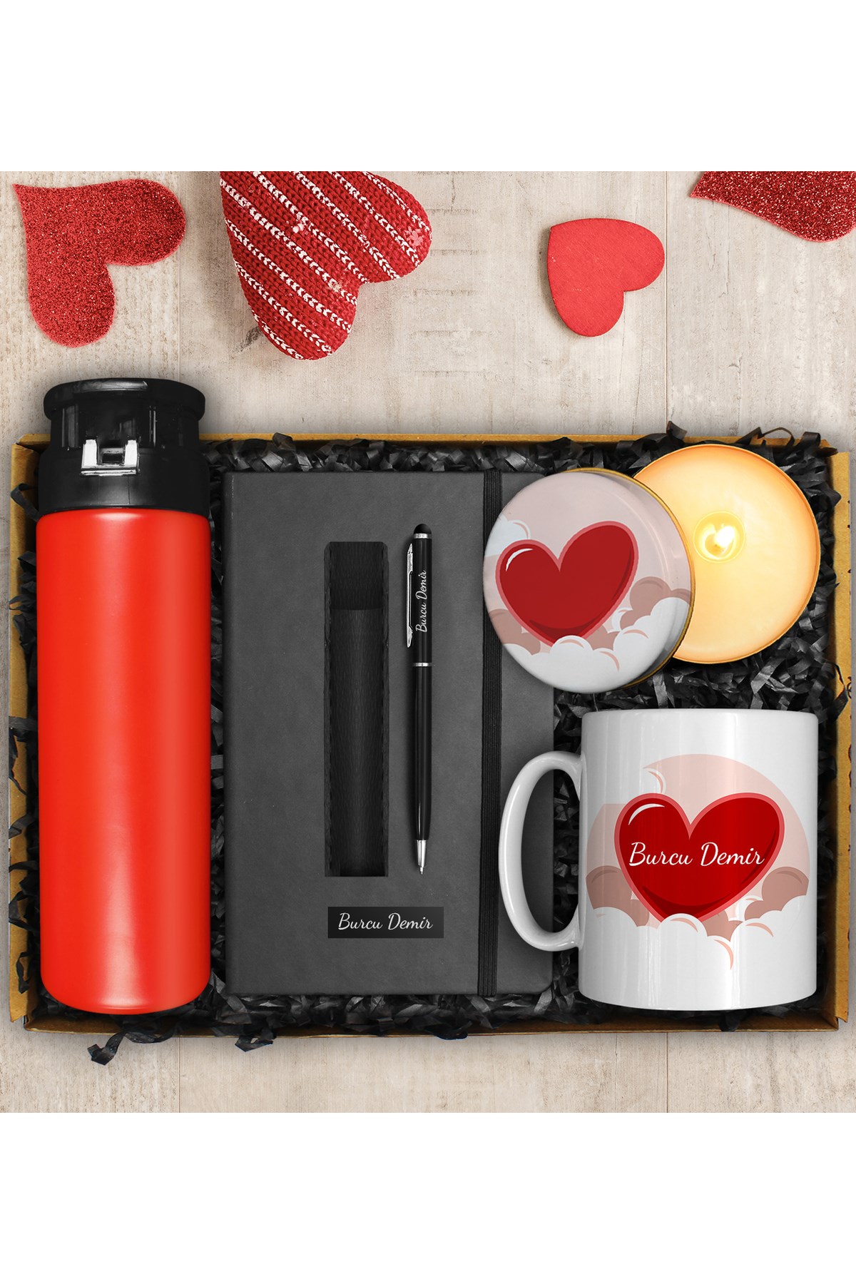 Kırmızı Cam Matara & Tasarım Kupa & Kişiye Özel Defter & Deri Kılıflı Touch Pen Kalem & Tasarım Mum