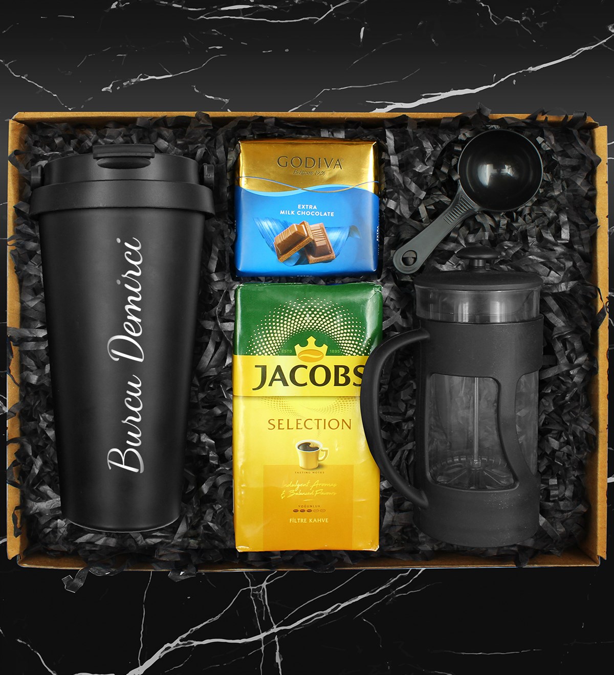 Kişiye Özel 500 ML Çelik Termos & French Press & 250 Gram Jacobs Selection Filtre Kahve & Godiva Çikolata Hediye Seti