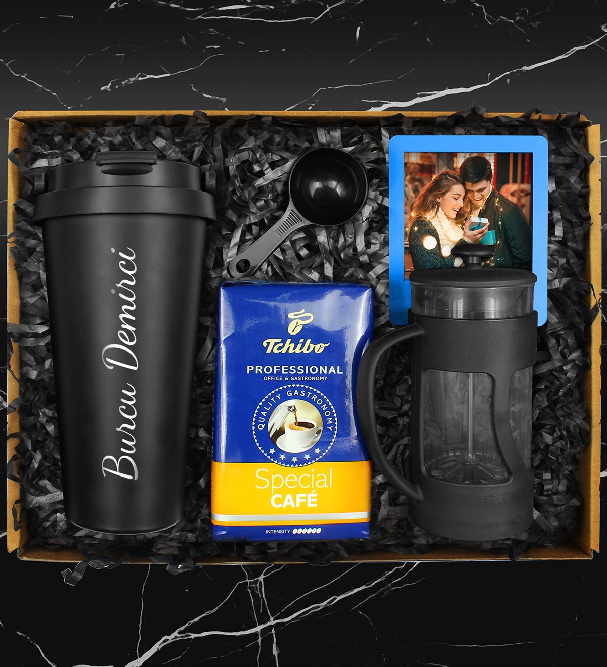 Kişiye Özel 500 ML Çelik Termos & French Press & 250 Gram Tchibo Proffesional Special Filtre Kahve & Kişiye Özel Çerçeve Hediye Seti