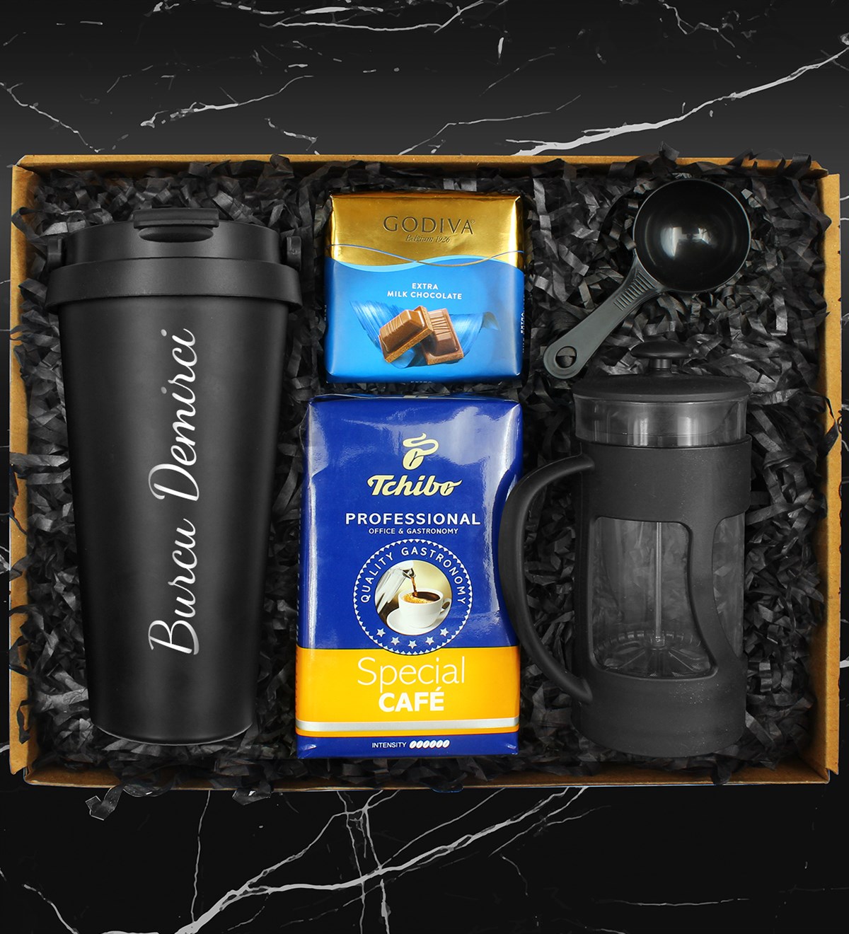 Kişiye Özel 500 ML Çelik Termos & French Press & 250 Gram Tchibo Proffesional Special Filtre Kahve & Godiva Çikolata Hediye Seti