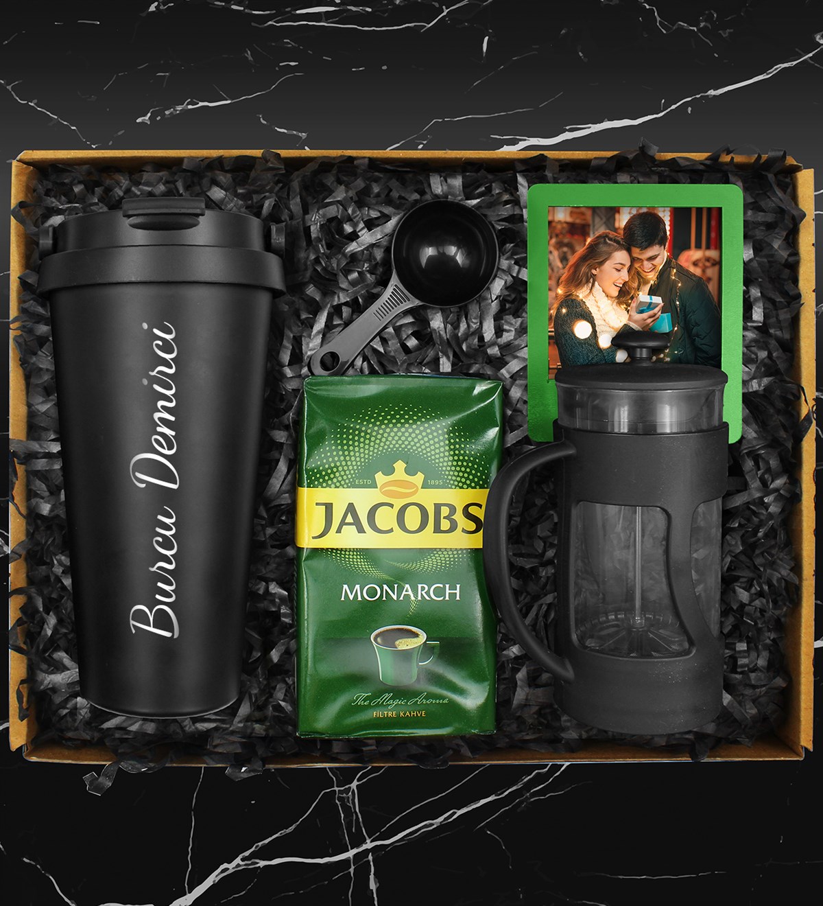 Kişiye Özel 500 ML Çelik Termos & French Press & 250 Gram Jacobs Filtre Kahve & Kişiye Özel Çerçeve Hediye Seti