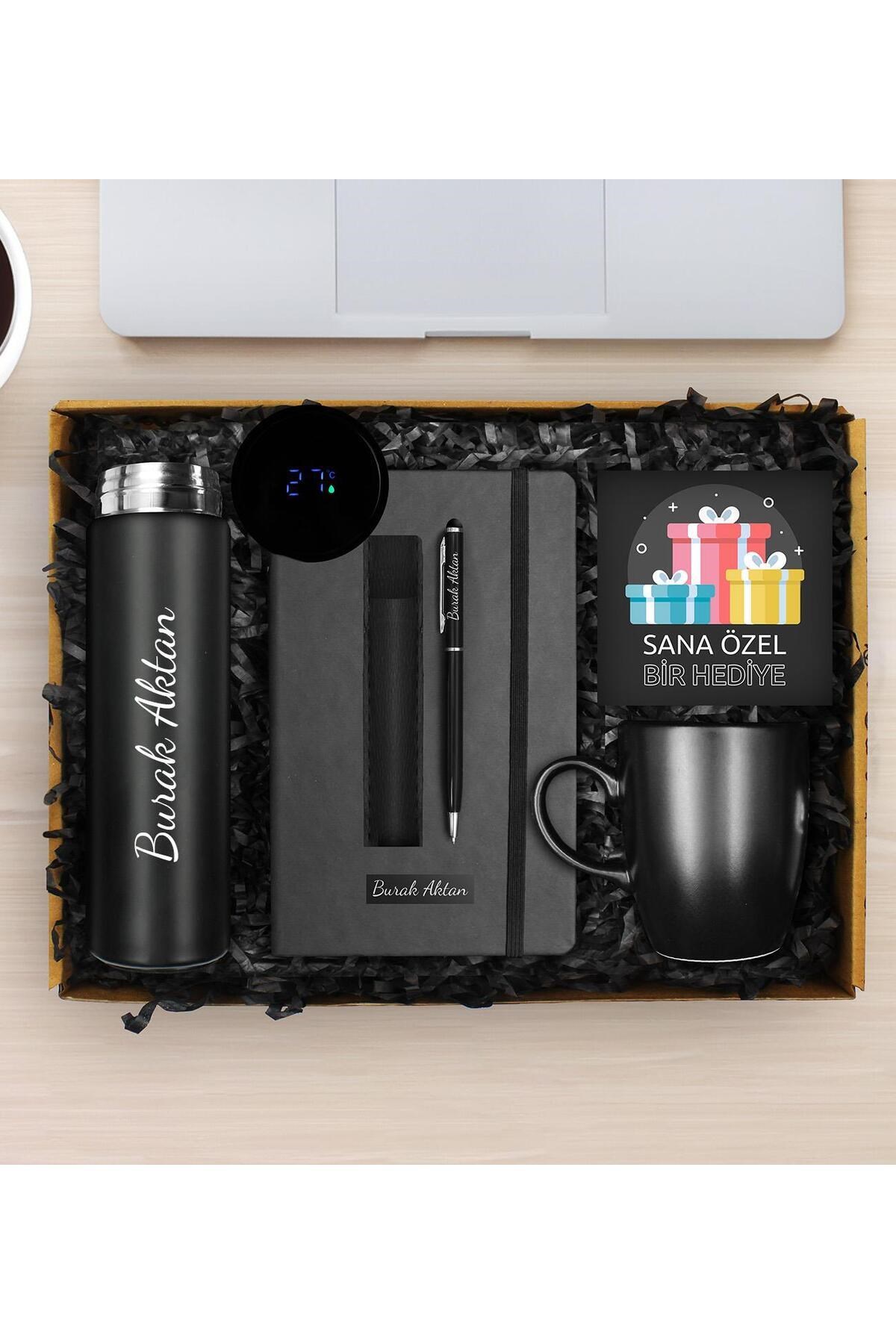 Kişiye Özel 500 ML Dereceli Termos & Kişiye Özel Defter & Deri Kılıflı Touch Pen Kalem & Siyah Kupa