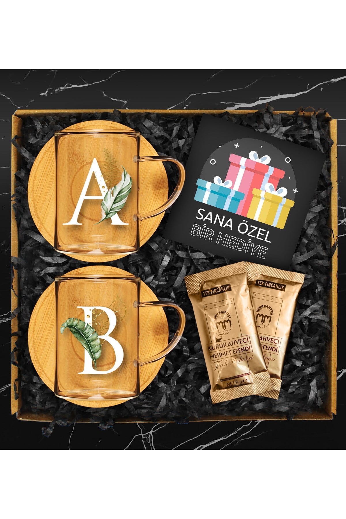 Kişiye Özel Bambu Tabaklı İkili Cam Fincan & Türk Kahvesi Hediye Seti