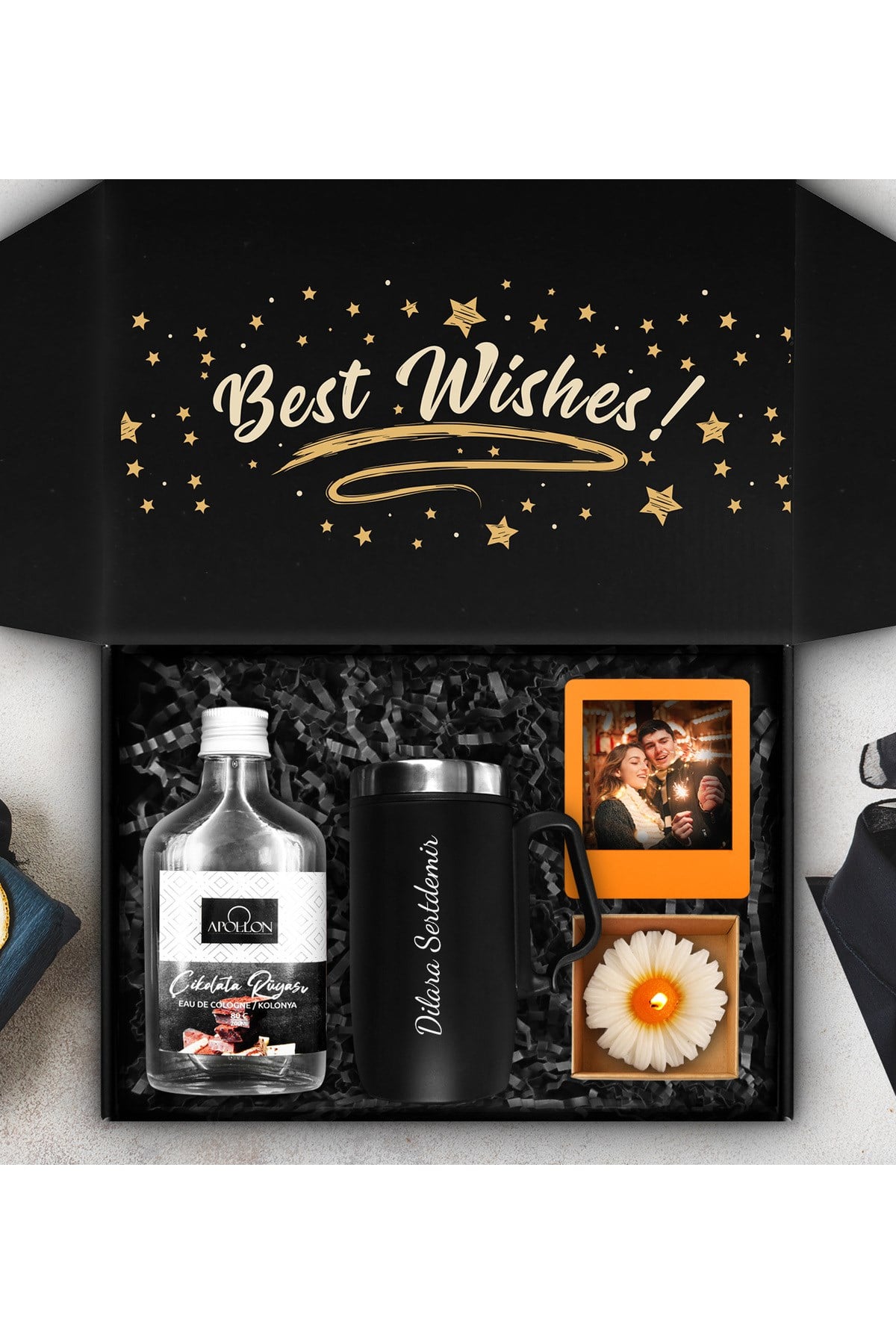 Kişiye Özel Çelik Bardak Termos & Apollon Kolonya & Mum & Çerçeve Hediye Seti