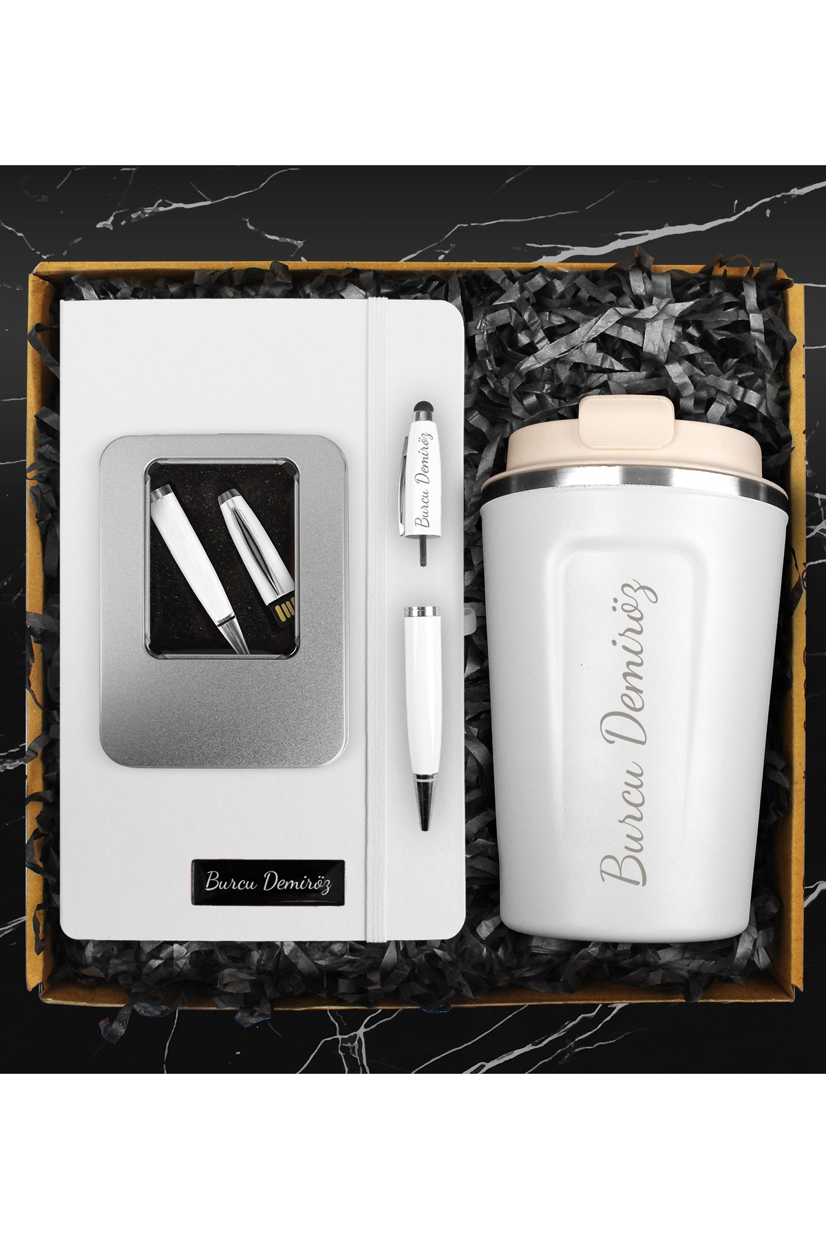 Kişiye Özel Çelik Bardak Termos & Beyaz Defter & 32 GB Kişiye Özel Kutulu Usb Kalem Hediye Seti