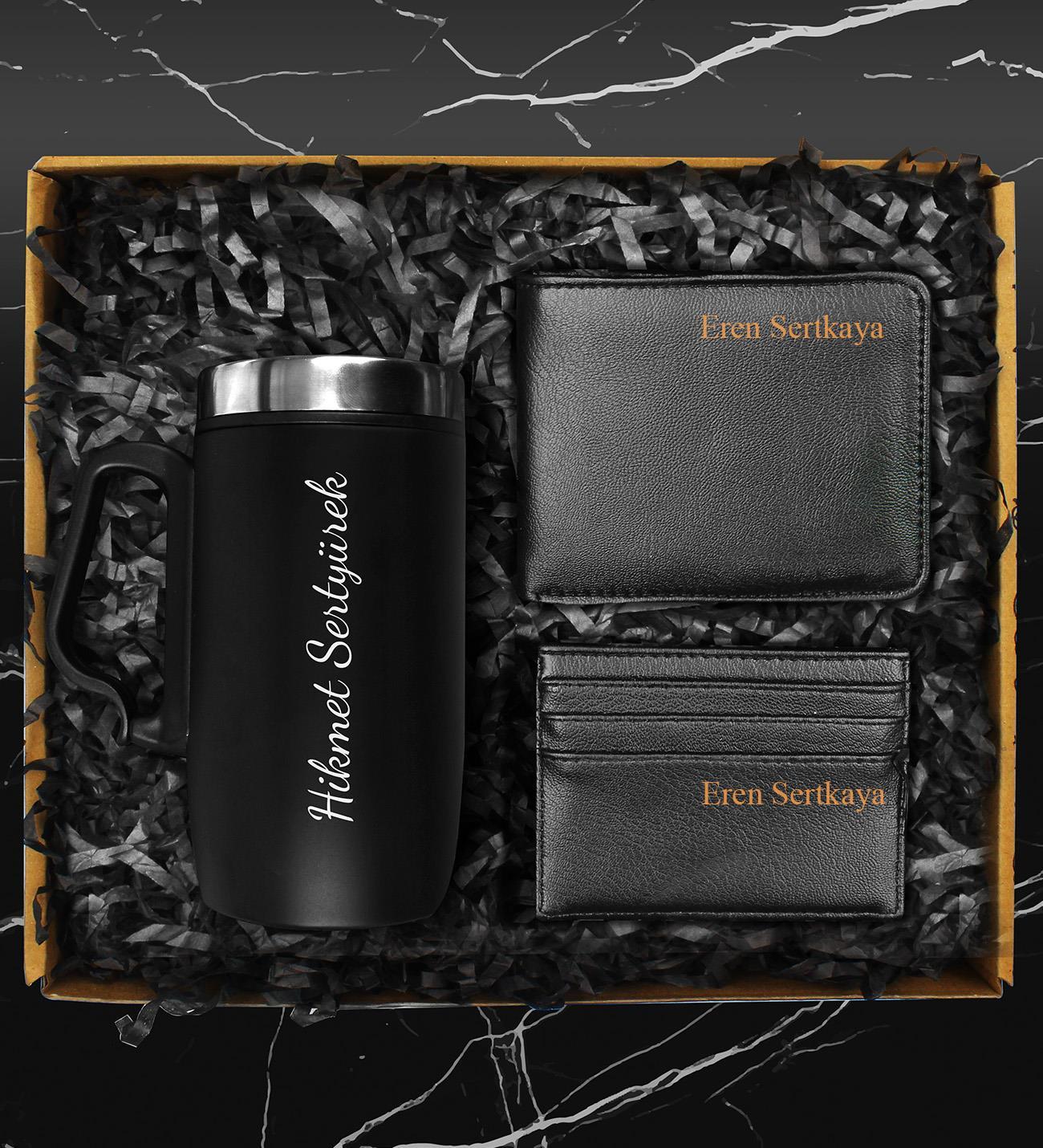 Kişiye Özel Çelik Bardak Termos & Cüzdan & Kartvizitlik Hediye Seti