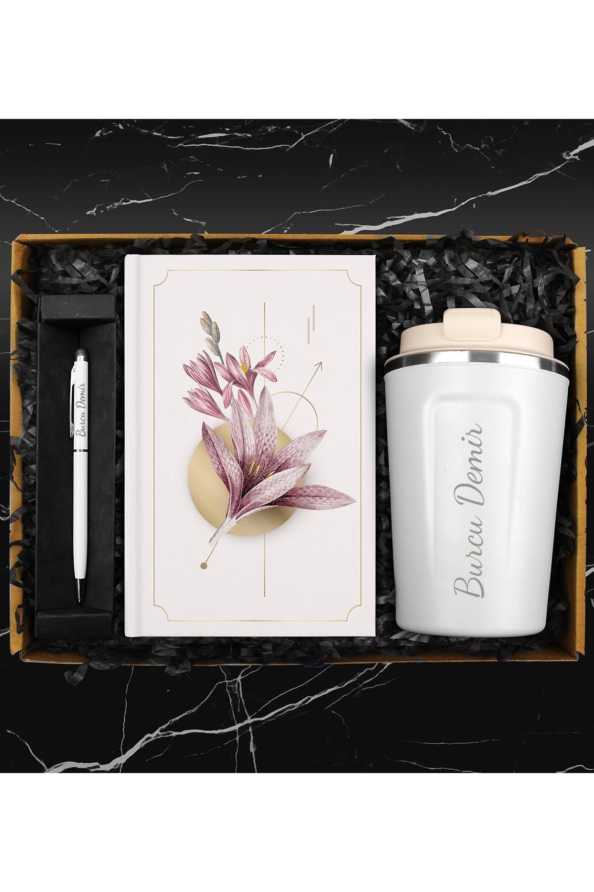 Kişiye Özel Çelik Bardak Termos & Tasarım Defter & Touch Pen Kalem Hediye Seti