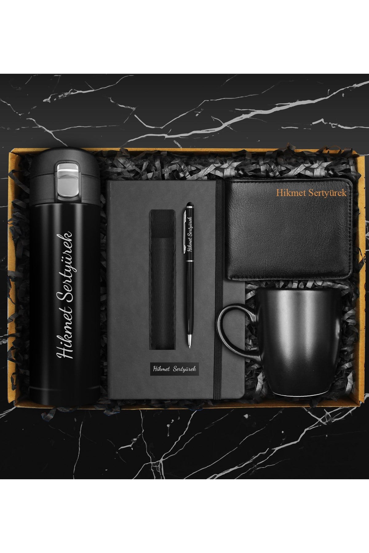 Kişiye Özel Çelik Kilitli Termos & Kişiye Özel Defter & Deri Kılıflı Touch Pen Kalem & Kupa & Cüzdan