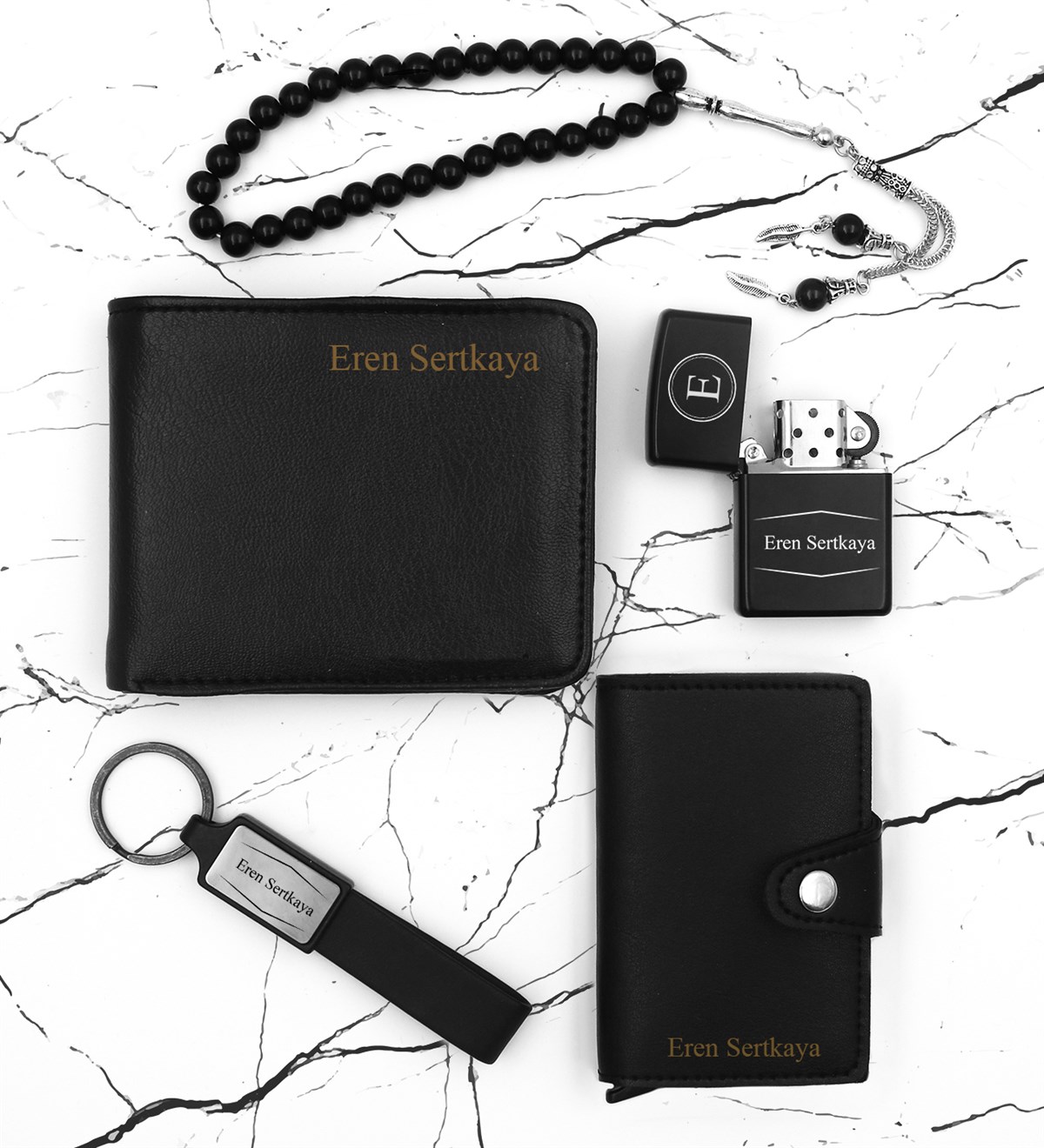 Kişiye Özel Cüzdan & Anahtarlık & Mekanizmalı Kartlık & Zippo Model Çakmak & Tesbih Hediye Seti