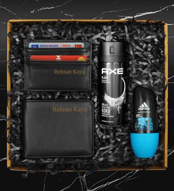 Kişiye Özel Cüzdan & Kişiye Özel Kartvizitlik & Axe Erkek Deodorant & Adidas Roll On Hediye Seti