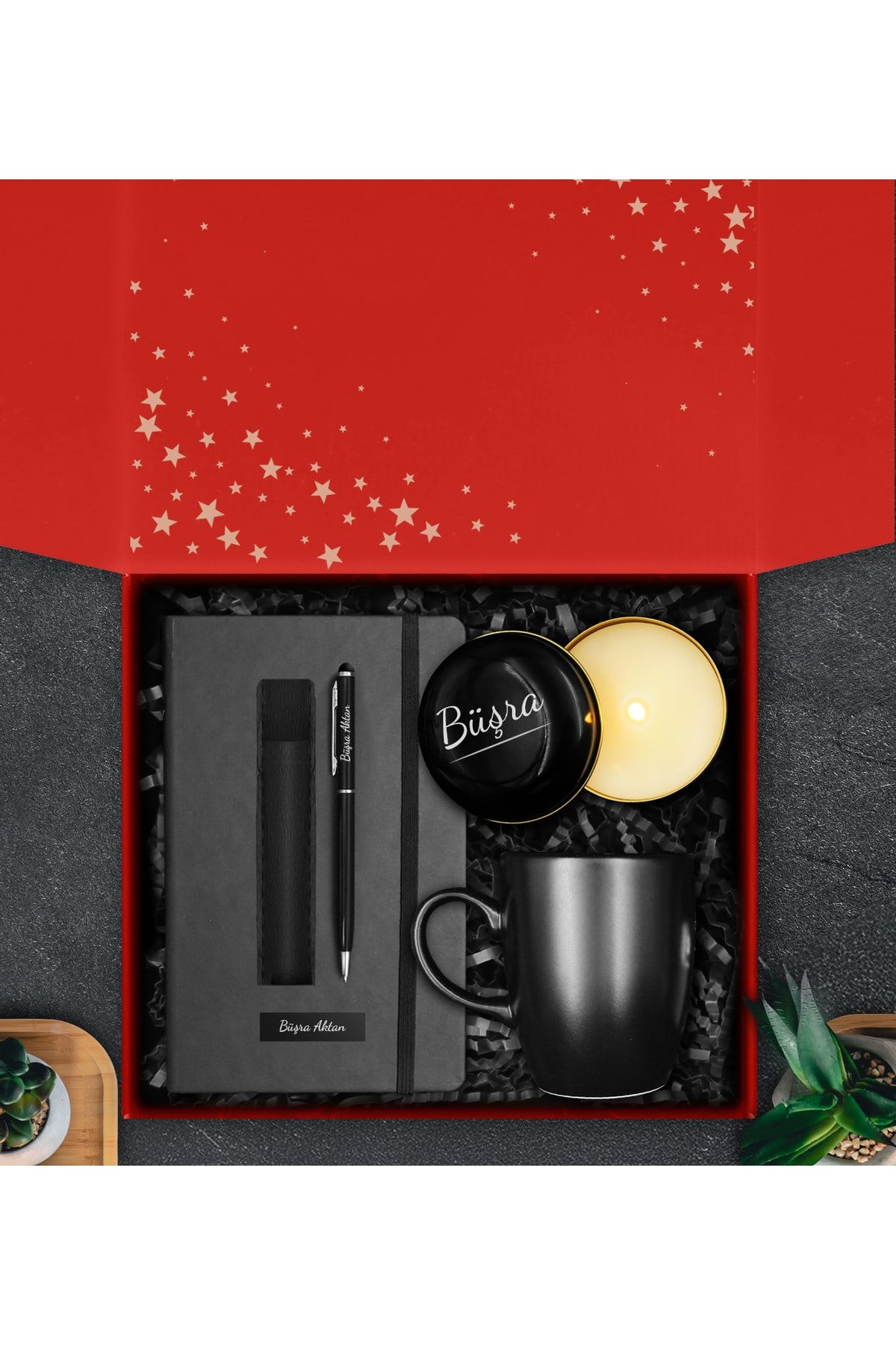 Kişiye Özel Defter & Deri Kılıflı Touch Pen Kalem & Siyah Kupa Hediye Seti
