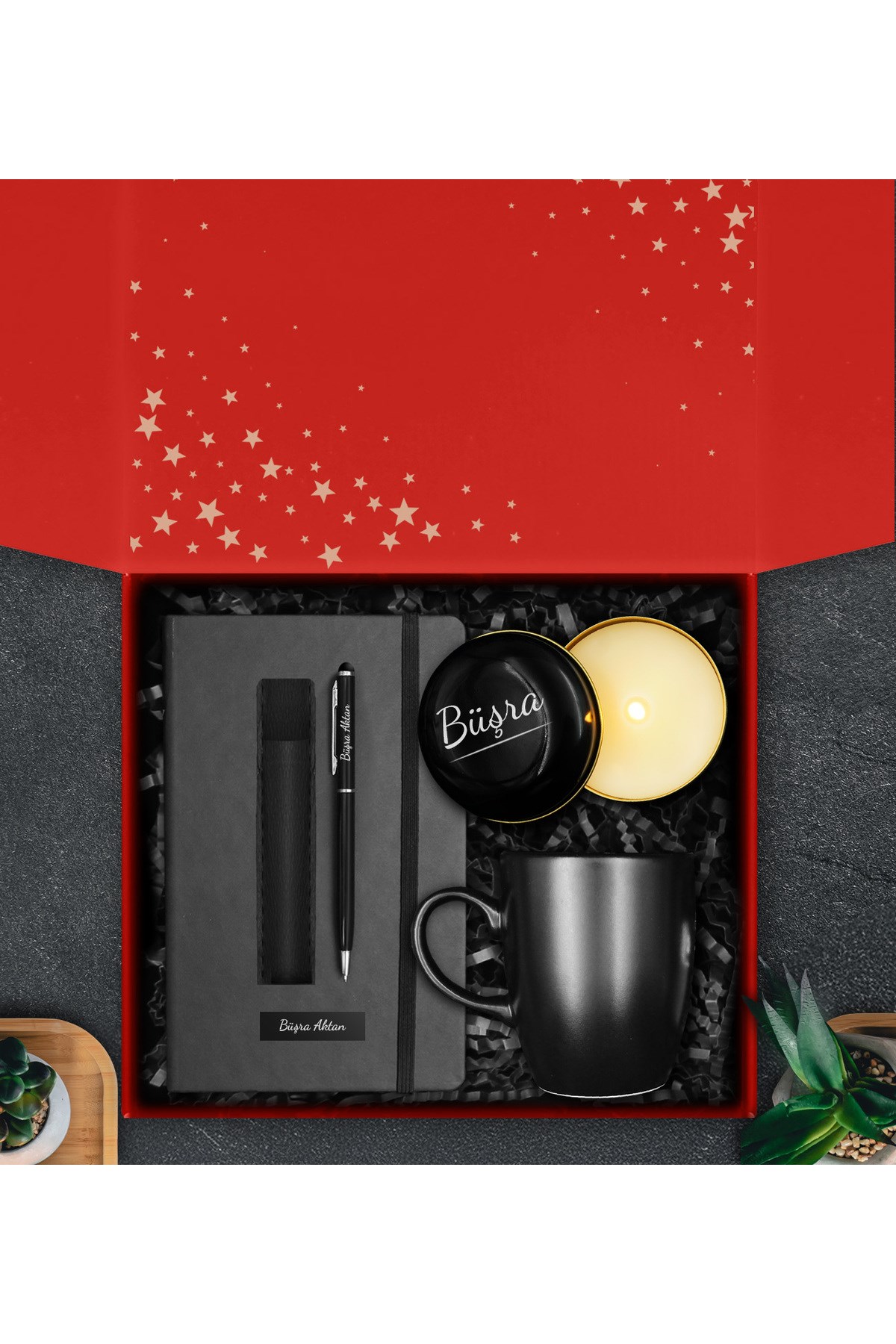 Kişiye Özel Defter & Deri Kılıflı Touch Pen Kalem & Siyah Kupa Hediye Seti