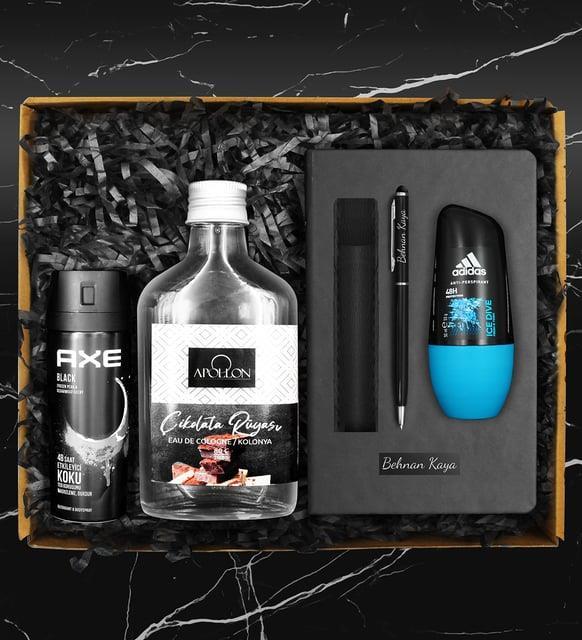 Kişiye Özel Defter & Kişiye Özel Deri Kılıflı Touch Pen Kalem & Kolonya & Adidas Roll On & Axe Deodorant Hediye Seti