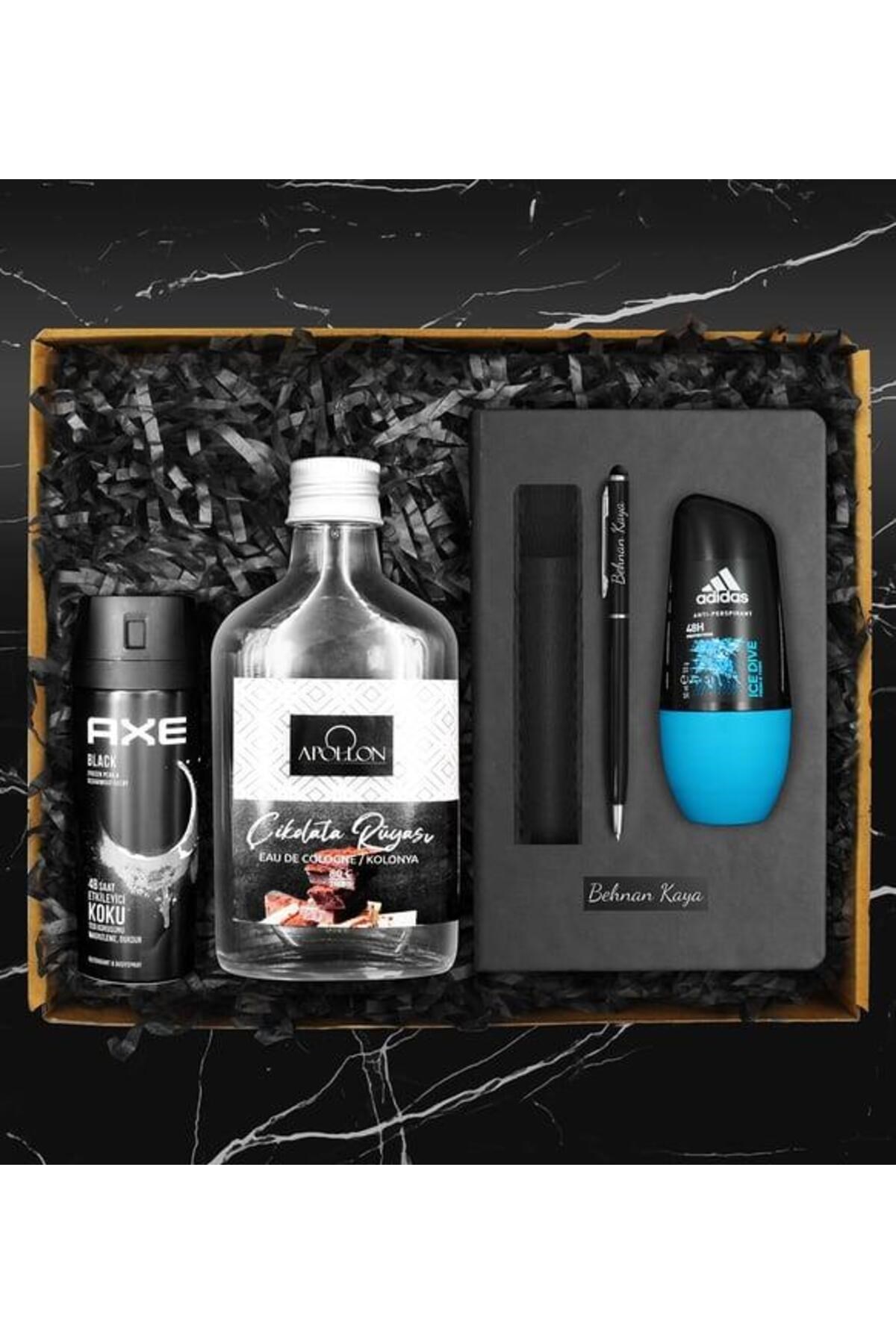 Kişiye Özel Defter & Kişiye Özel Deri Kılıflı Touch Pen Kalem & Kolonya & Adidas Roll On & Axe Deodo