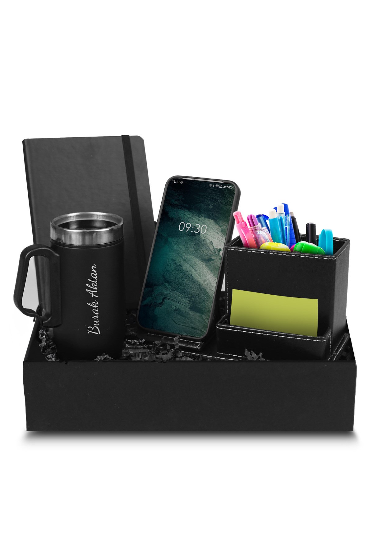 Kişiye Özel Defter & Masaüstü Kalemlik & Kişiye Özel Bardak Çelik Termos Hediye Seti