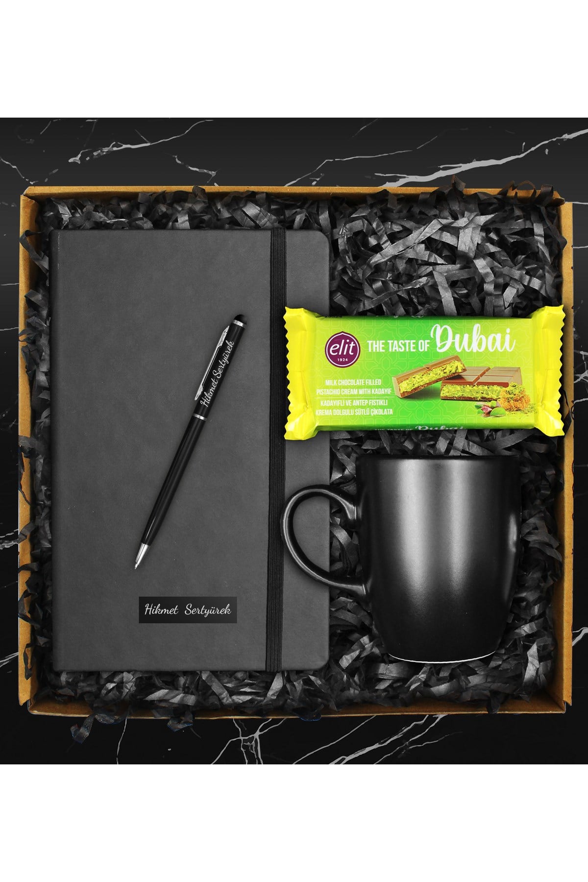 Kişiye Özel Defter & Siyah Kupa & Touch Pen Kalem & Dubai Çikolatası