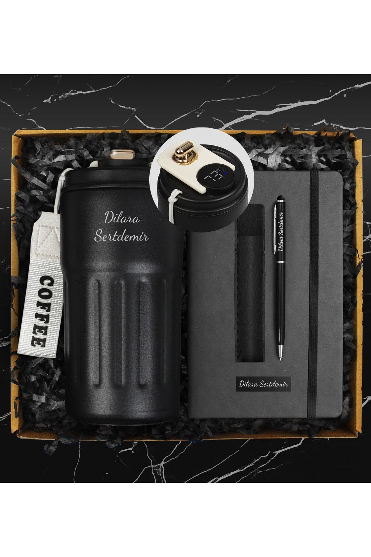 Kişiye Özel Dereceli Termos & Kişiye Özel Defter & Deri Kılıflı Touch Pen Kalem Hediye Seti