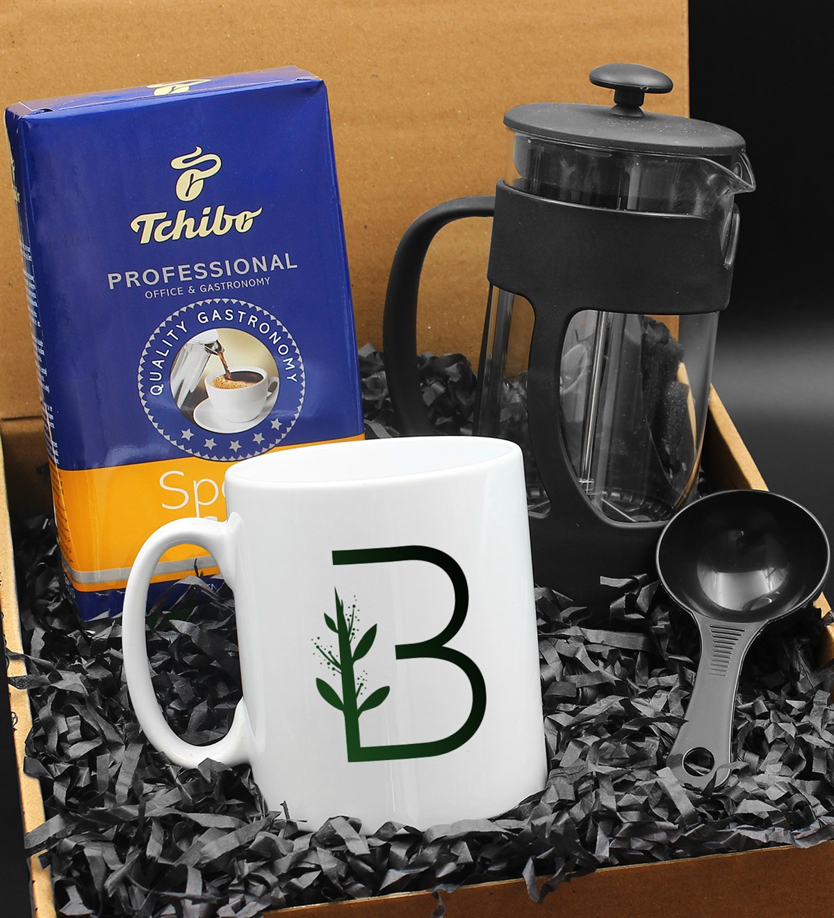 Kişiye Özel Harf Detaylı Kupa & French Press & 250 Gram Tchibo Proffesional Special Filtre Kahve Hediye Seti