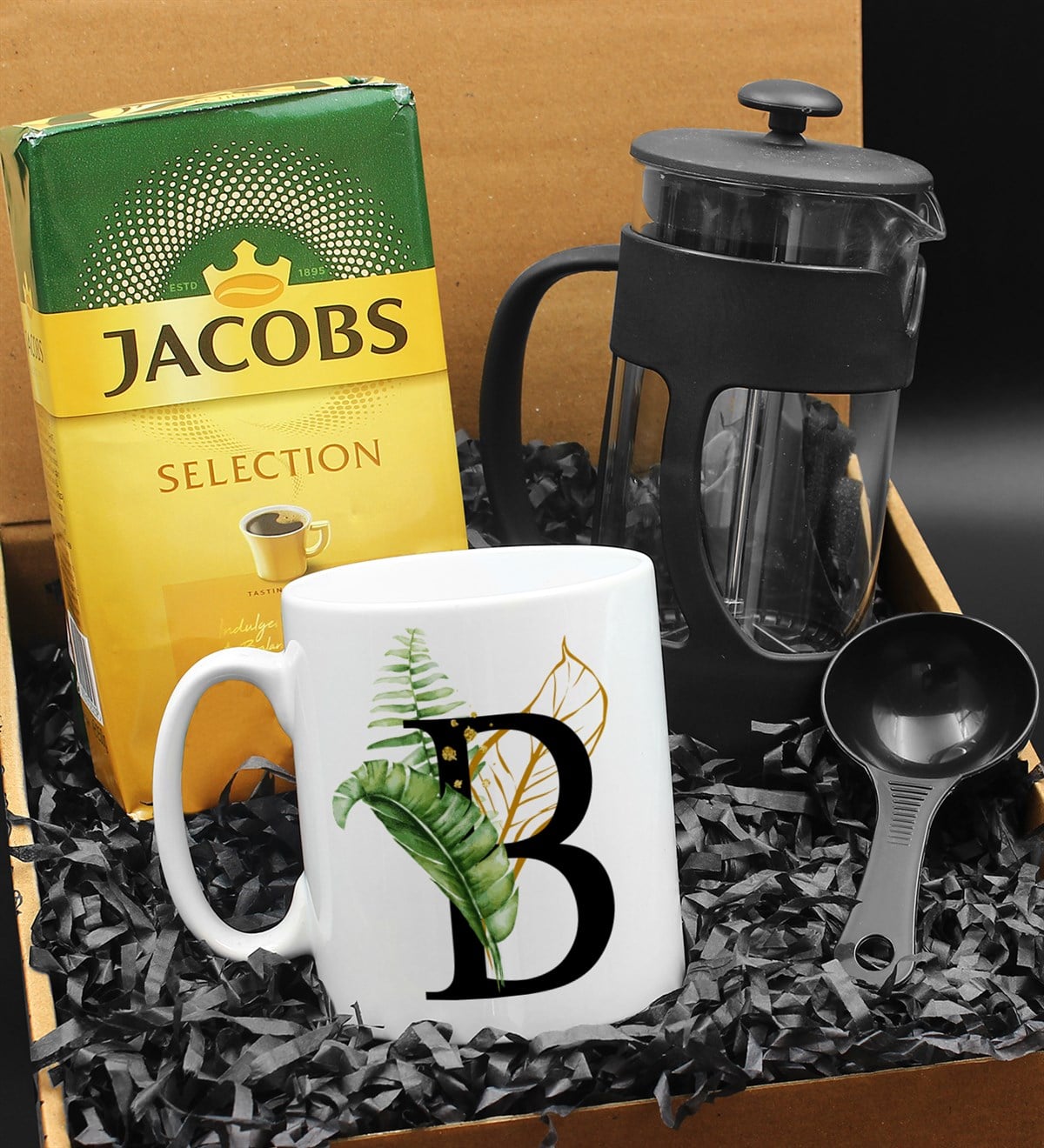 Kişiye Özel Harf Tasarımlı Kupa & French Press & 250 Gram Jacobs Selection Filtre Kahve Hediye Seti