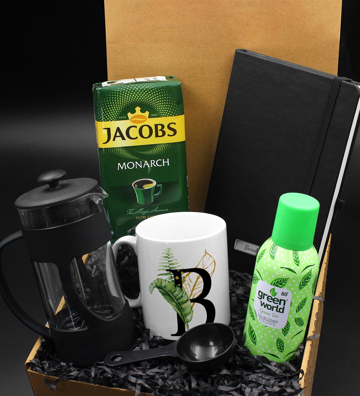 Kişiye Özel Harf Tasarımlı Kupa & French Press & 250 Gram Jacobs Filtre Kahve & Kişiye Özel Siyah Defter & Green World Kolonya