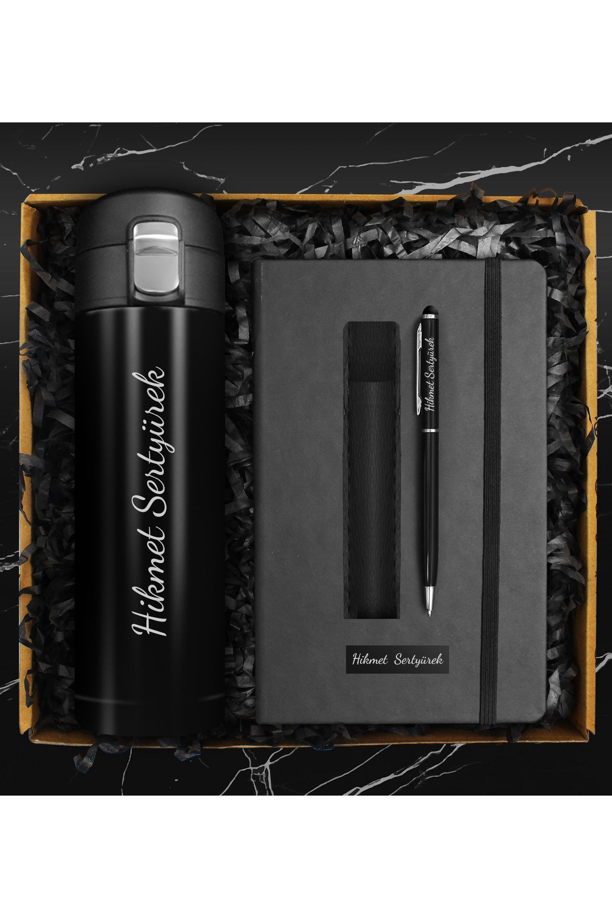 Kişiye Özel Kilitli Termos & Kişiye Özel Defter & Deri Kılıflı Touch Pen Kalem Hediye Seti