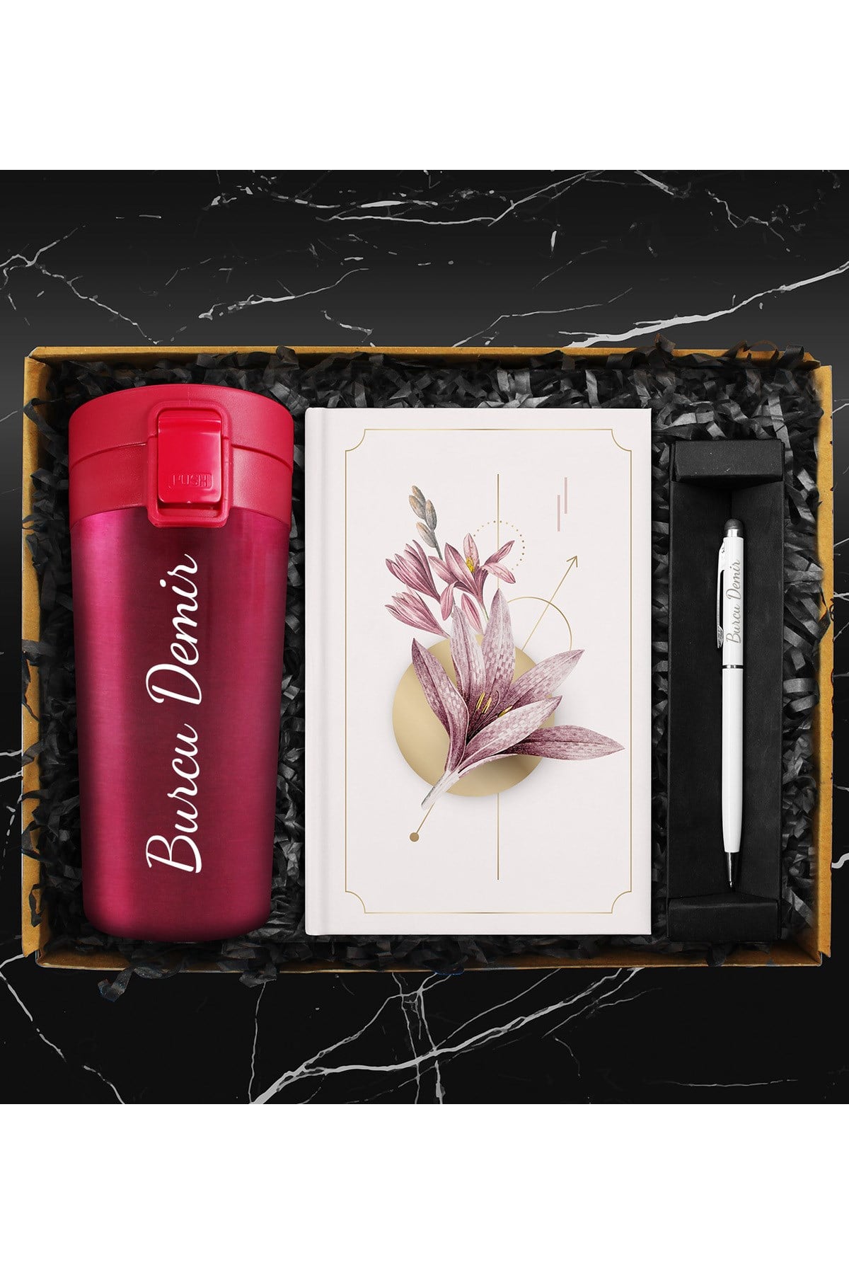Kişiye Özel Kırmızı Çelik Termos & Özel Tasarım Defter & Touch Pen Kalem Hediye Seti