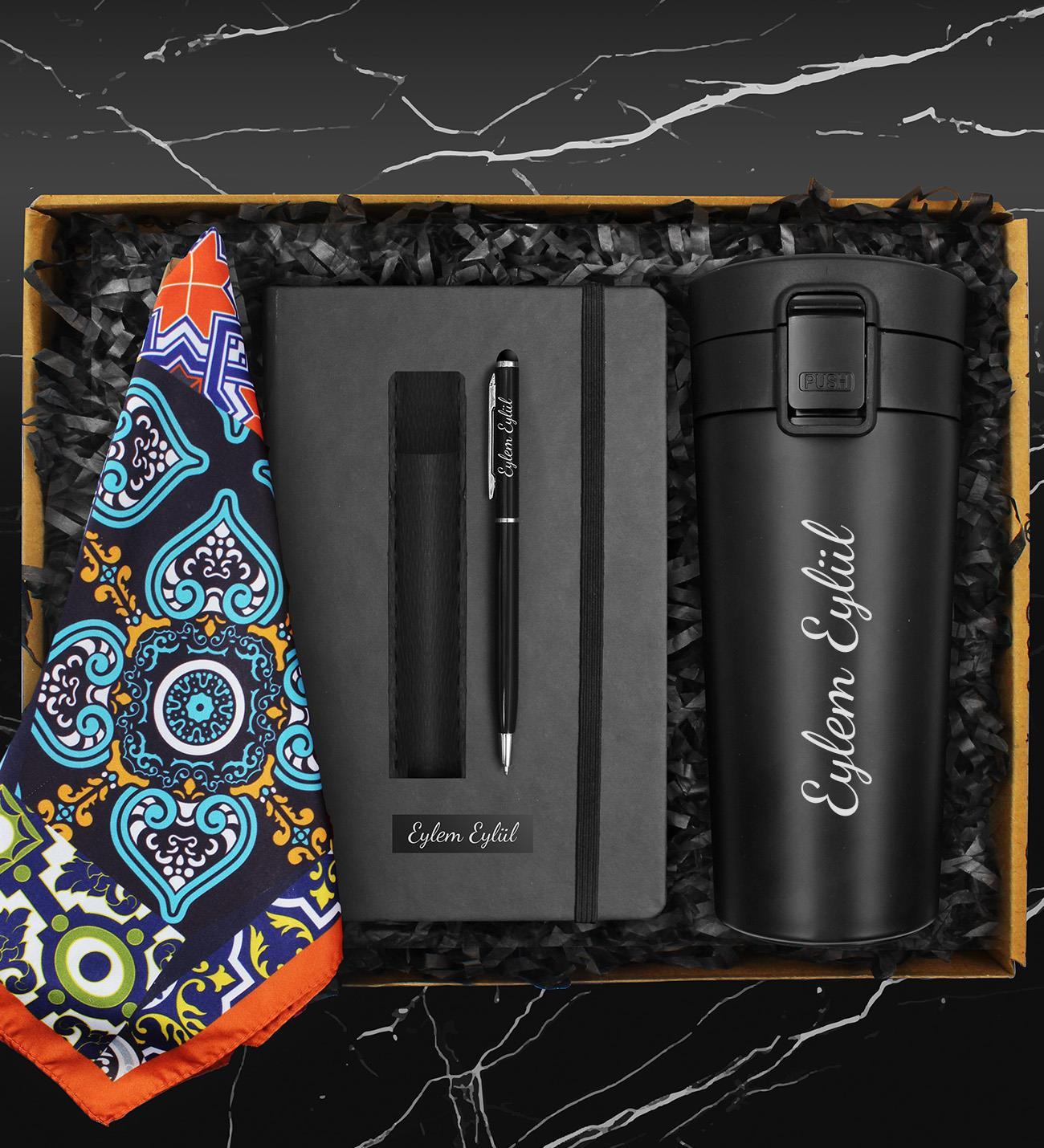 Kişiye Özel Otomatik Kilitli Termos & Fular & Defter & Deri Kılıflı Touch Pen Kalem Hediye Seti