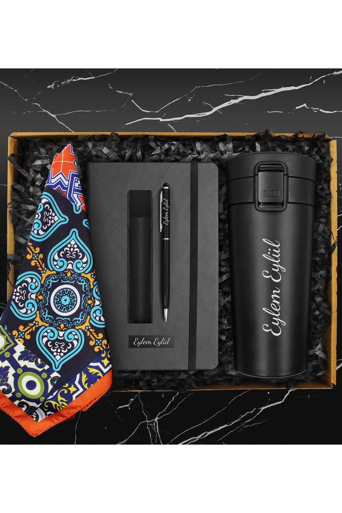 Kişiye Özel Otomatik Kilitli Termos & Fular & Defter & Deri Kılıflı Touch Pen Kalem Hediye Seti