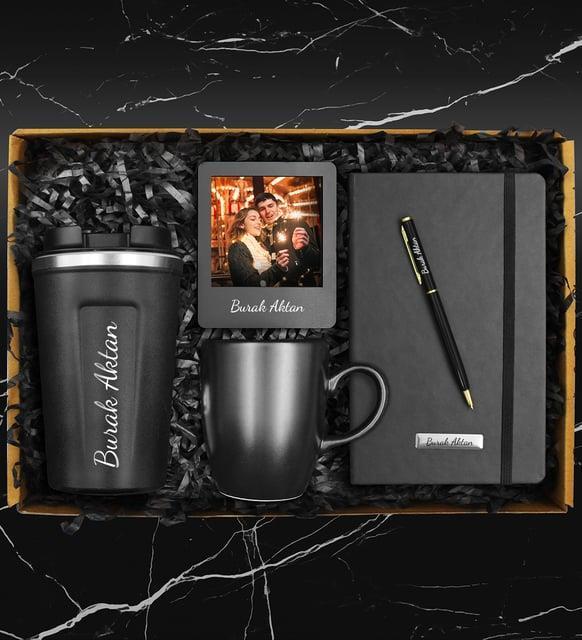 Kişiye Özel Starbucks Model Çelik Termos & Kişiye Özel Termo Deri Defter & Kalem & Siyah Kupa & Fotoğraf Çerçevesi Hediye Seti