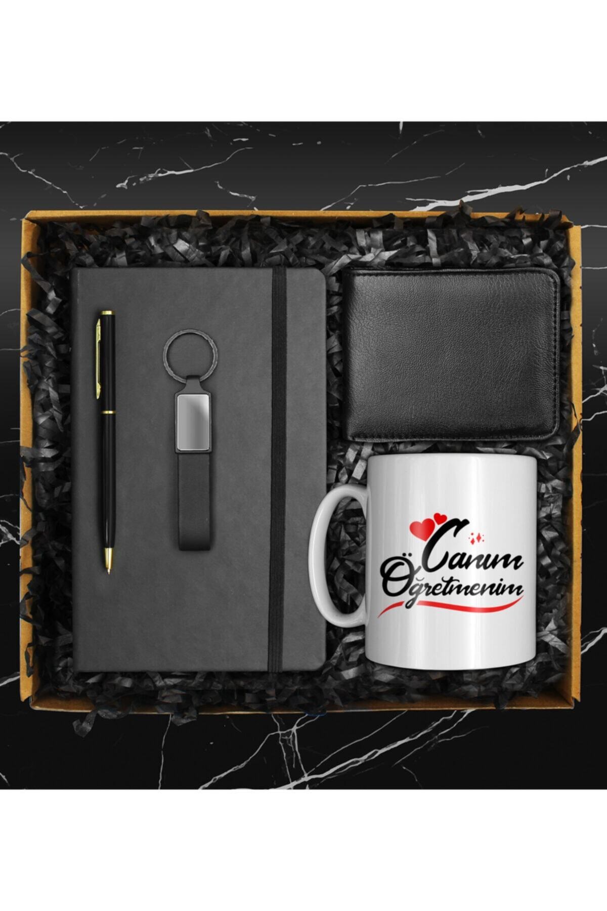 Öğretmenler Gününe Canım Öğretmenim Kupası & Siyah Termo Deri Defter & Anahtarlık & Kalem & Cüzdan