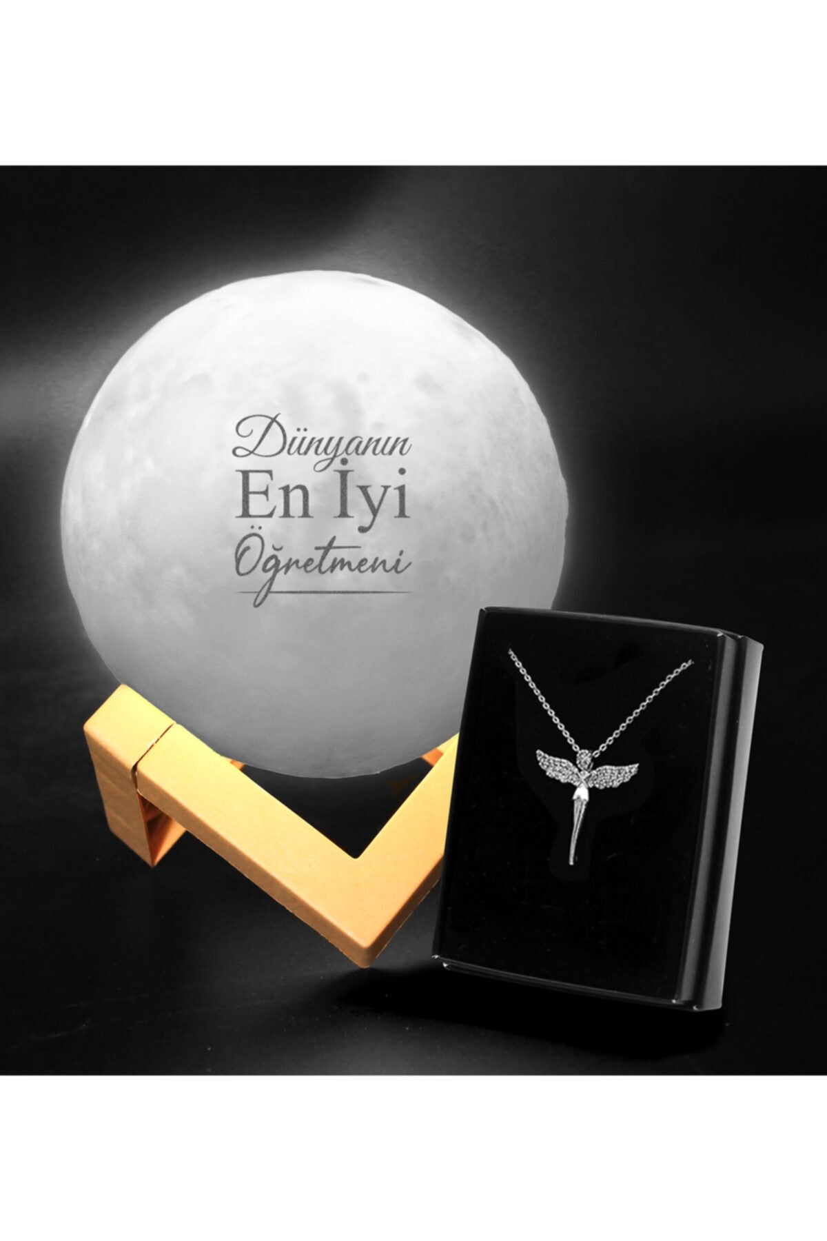 Öğretmenler Gününe Özel 3d Ay Şeklinde Dekoratif Gece Lambası (standlı) & Gümüş Kaplama Melek Kolye