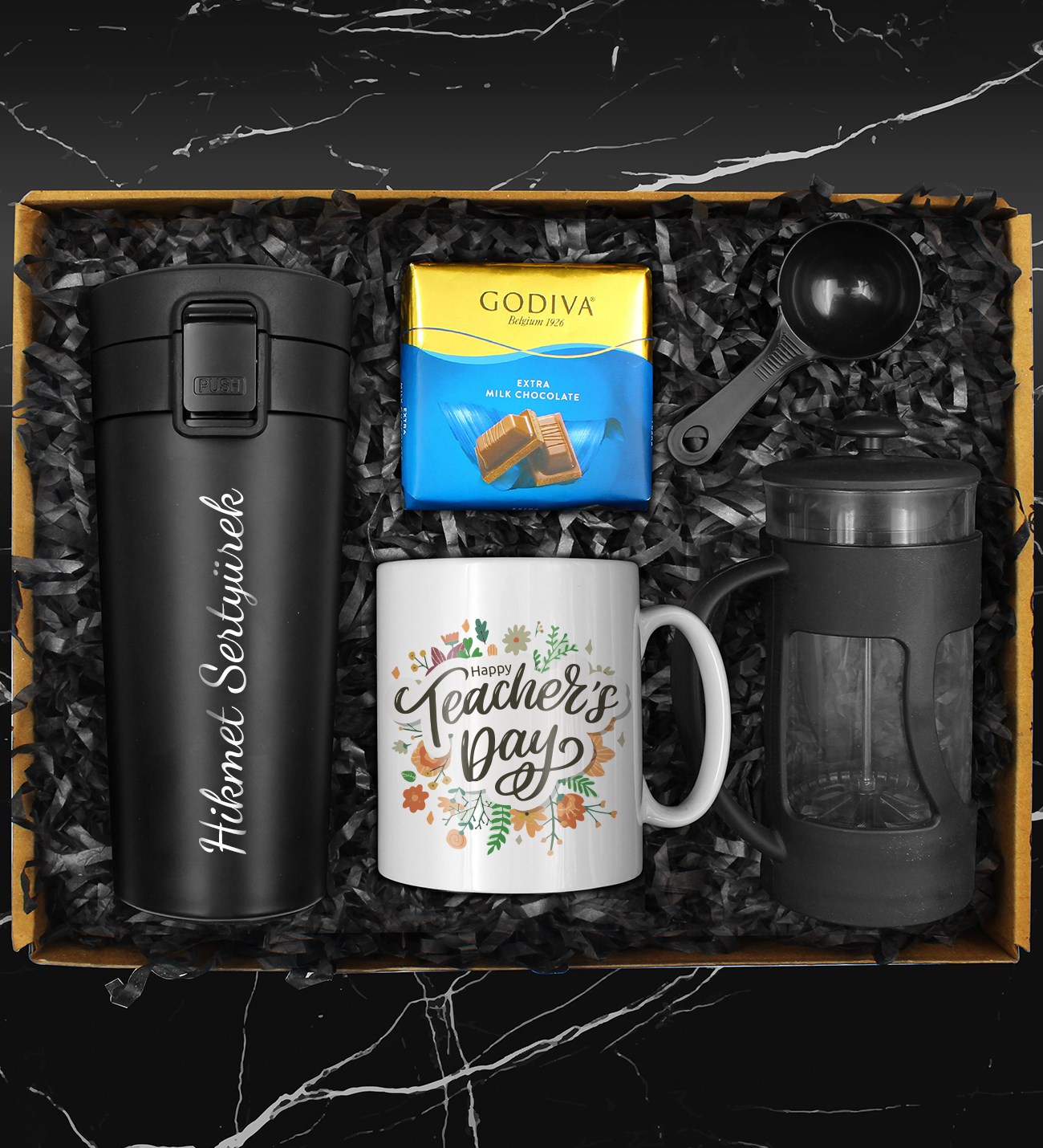 Öğretmenler Gününe Özel 500 Ml Çelik Termos & Tasarım Kupa & French Press & Godiva Çikolata