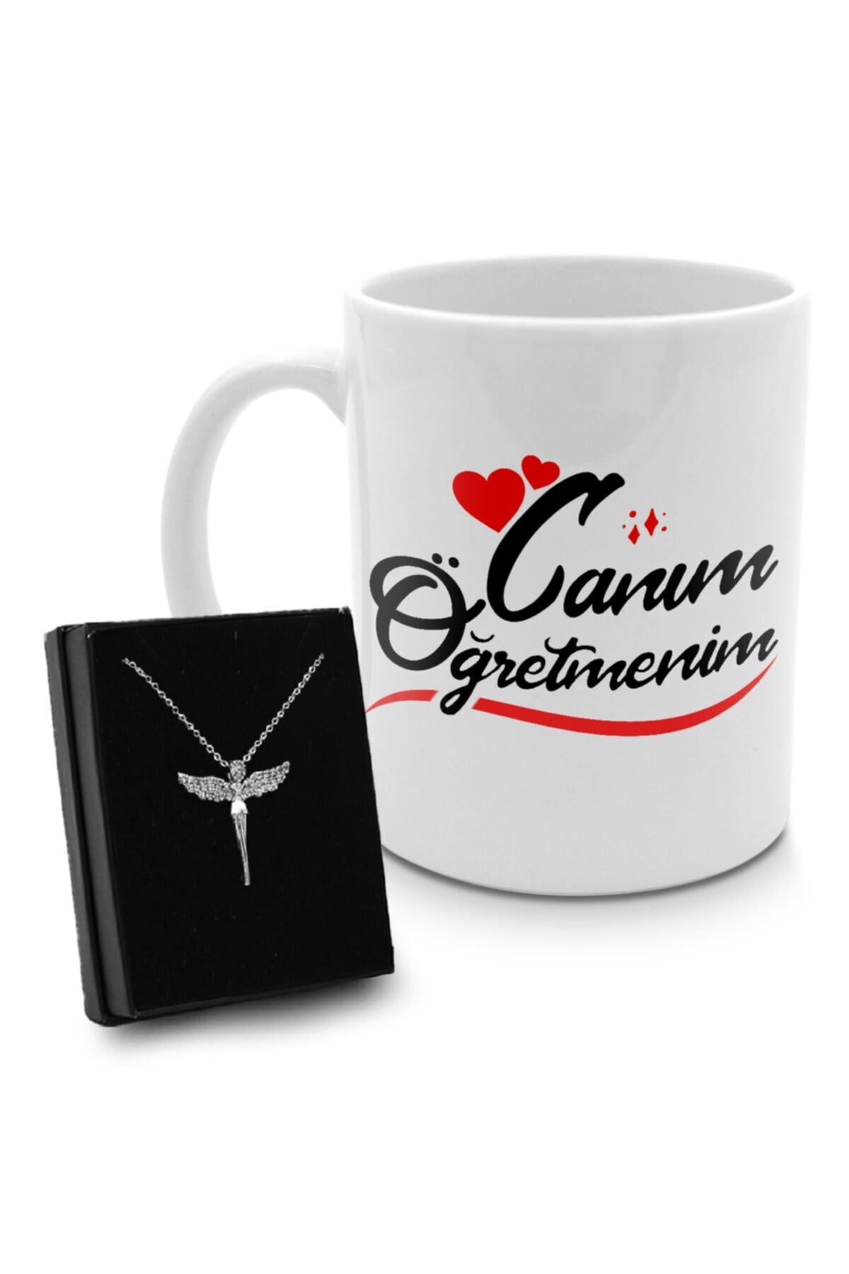 Öğretmenler Gününe Özel Canım Öğretmenim Kupası & Gümüş Renk Kaplama Melek Kolye