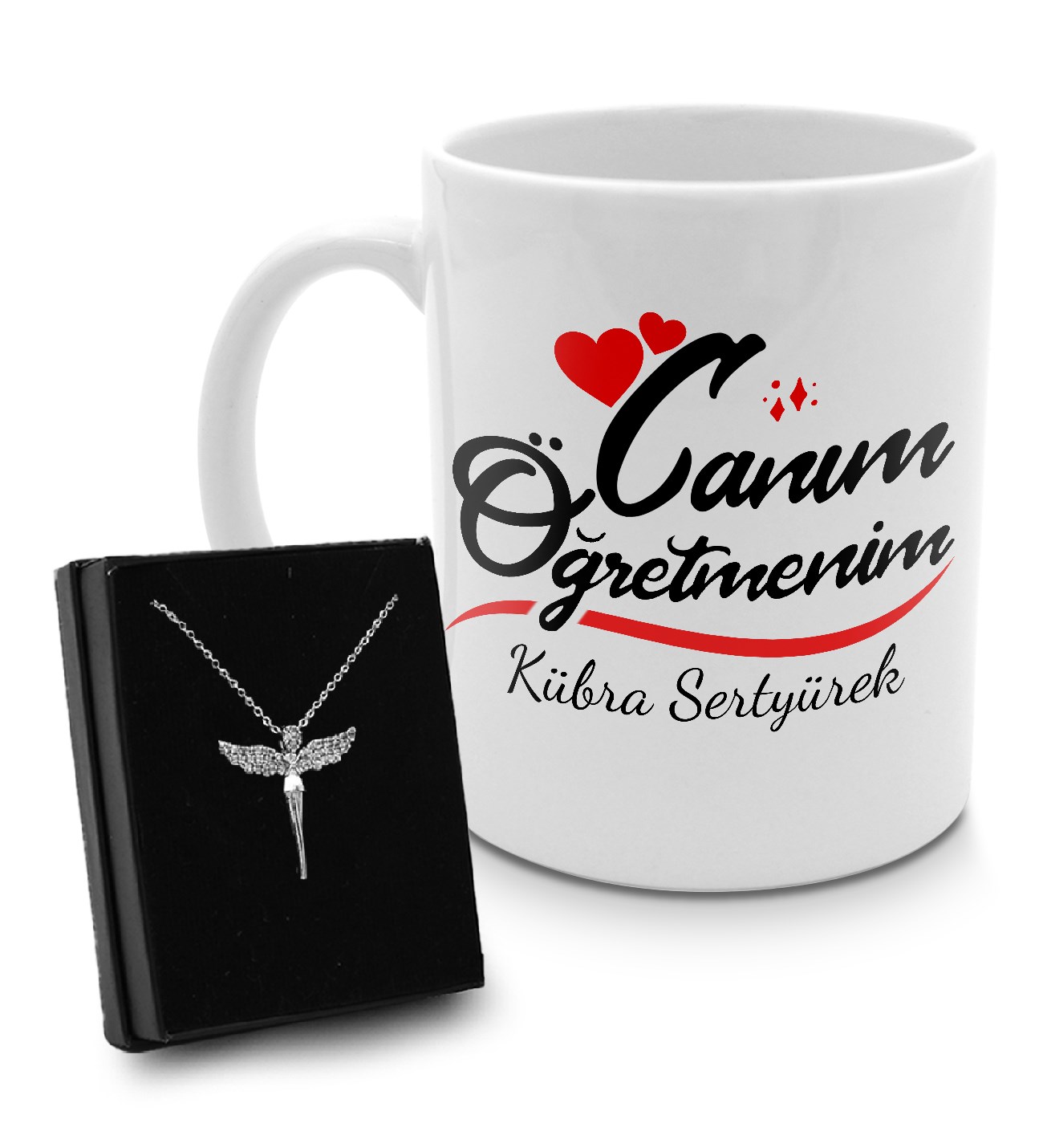 Öğretmenler Gününe Özel Canım Öğretmenim Kupası & Gümüş Renk Kaplama Melek Kolye
