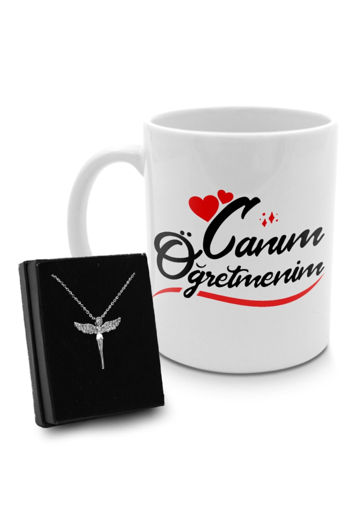 Öğretmenler Gününe Özel Canım Öğretmenim Kupası & Gümüş Renk Kaplama Melek Kolye