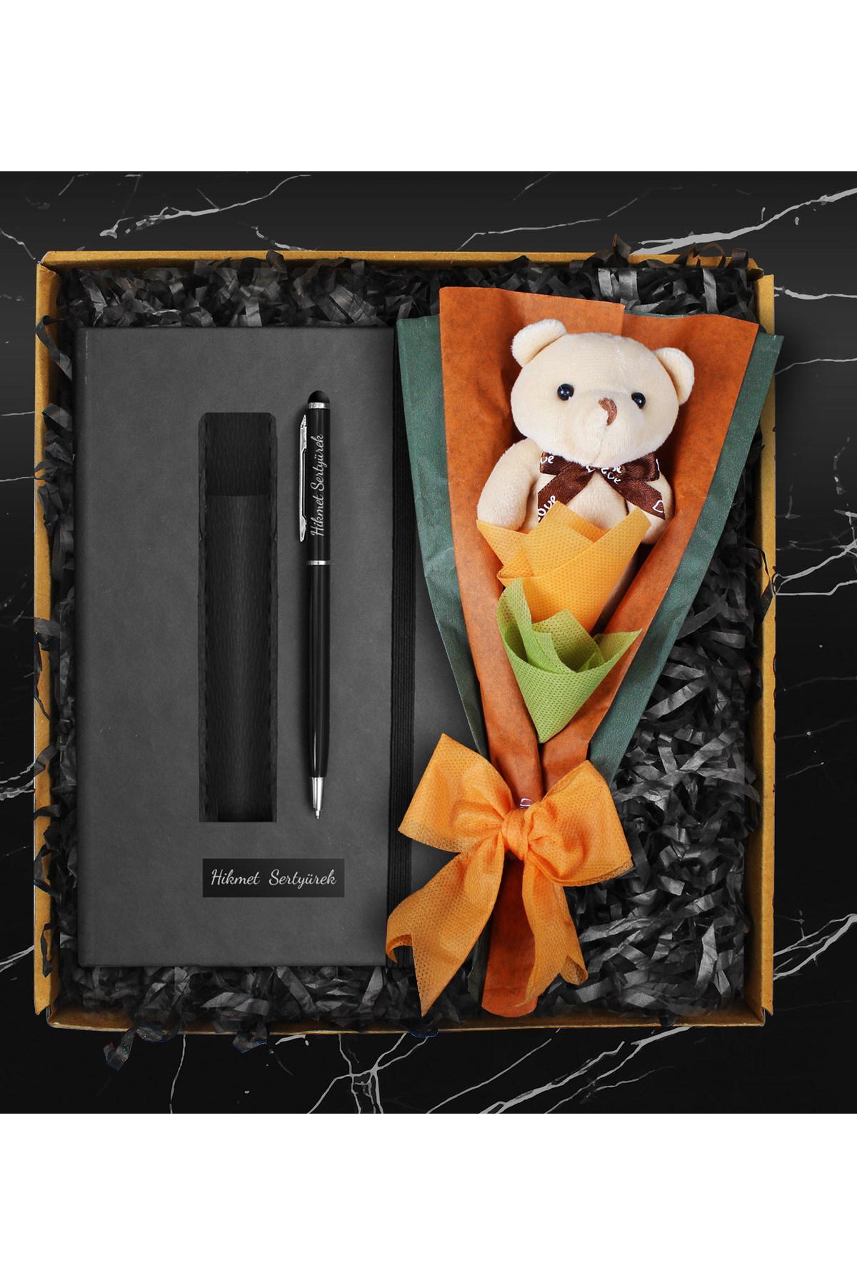 Öğretmenler Gününe Özel Defter & Peluş Ayıcık Buketi & Deri Kılıflı Touch Pen Kalem Hediye Seti