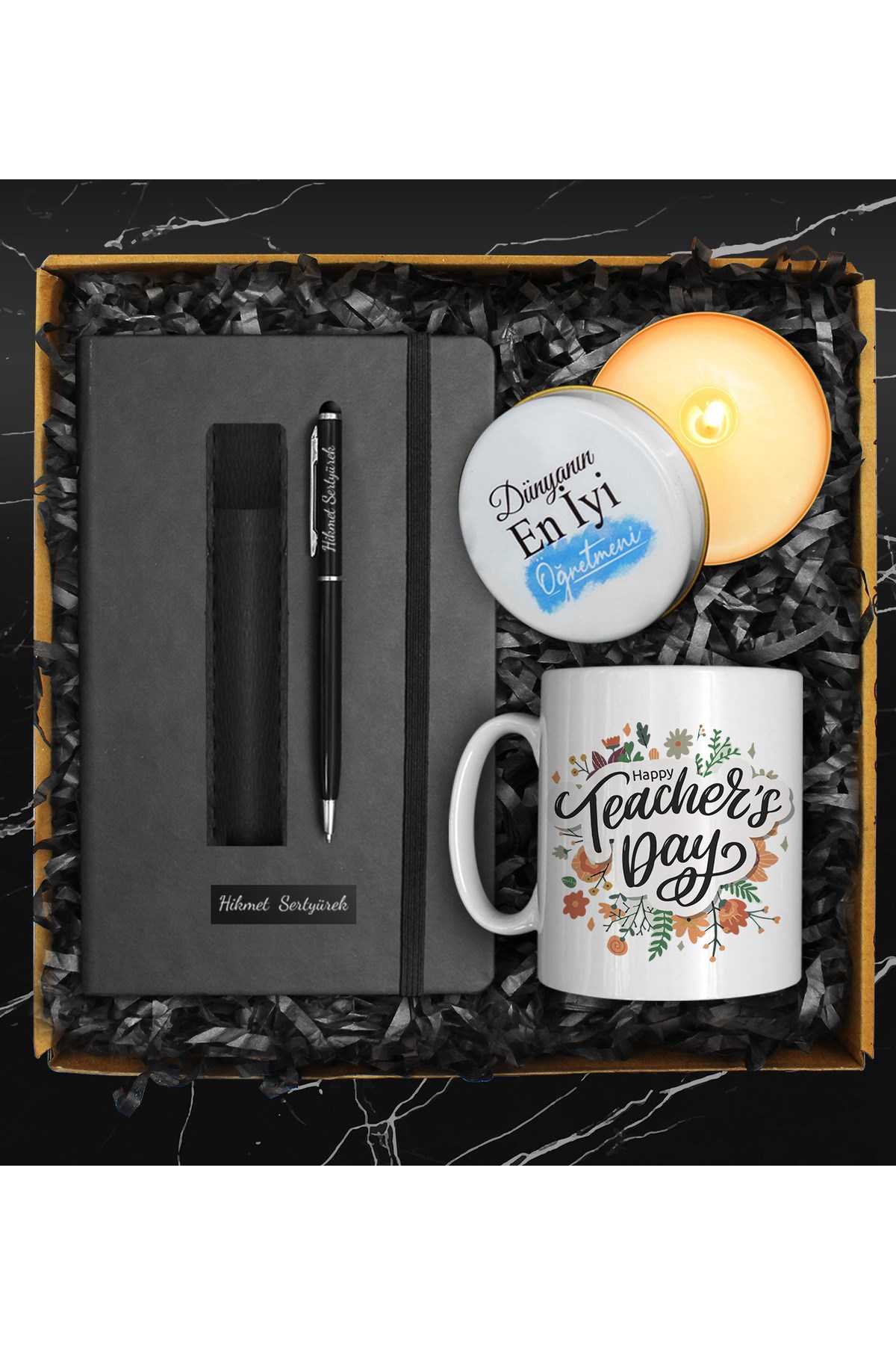 Öğretmenler Gününe Özel Kupa & Defter & Deri Kılıflı Touch Pen Kalem & Mum Hediye Seti