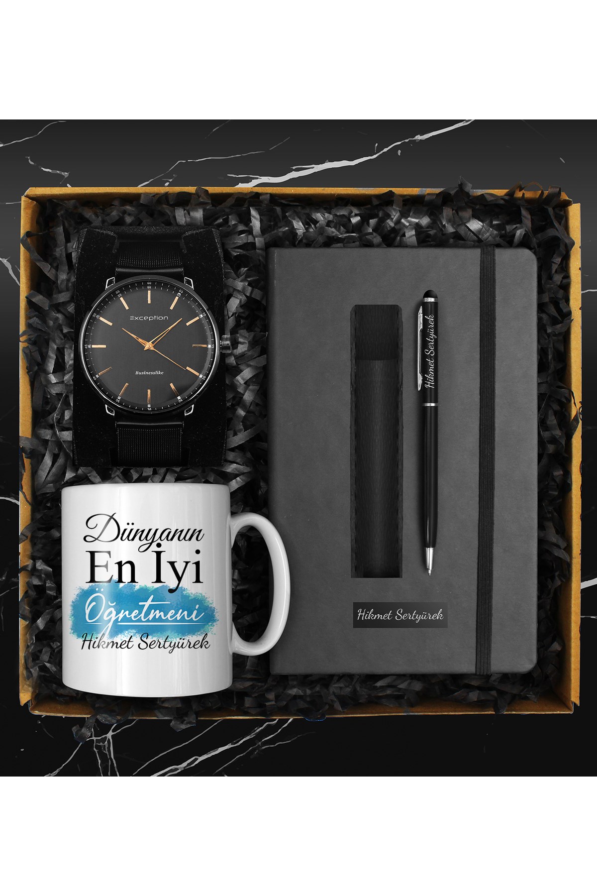 Öğretmenler Gününe Özel Kupa & Defter & Deri Kılıflı Kalem & Hasır Kordon Saat