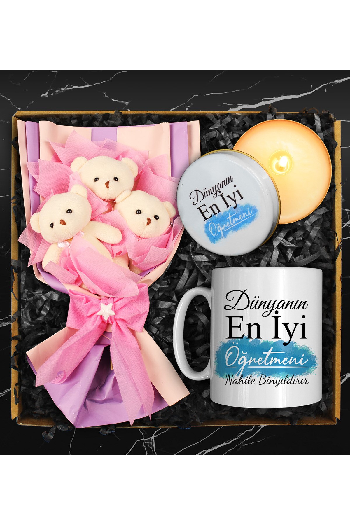 Öğretmenler Gününe Özel Kupa & Üçlü Peluş Ayıcık Buketi & Özel Tasarım Mum Hediye Seti