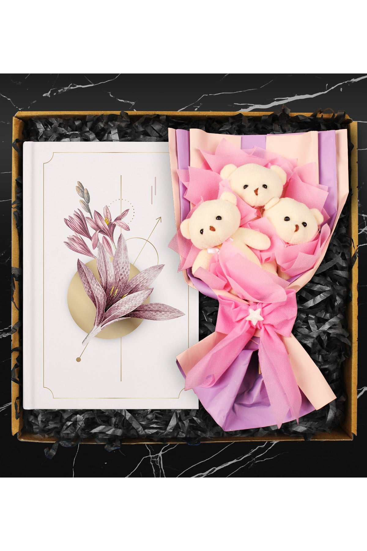 Öğretmenler Gününe Özel Tasarım Defter & Üçlü Peluş Ayıcık Buketi