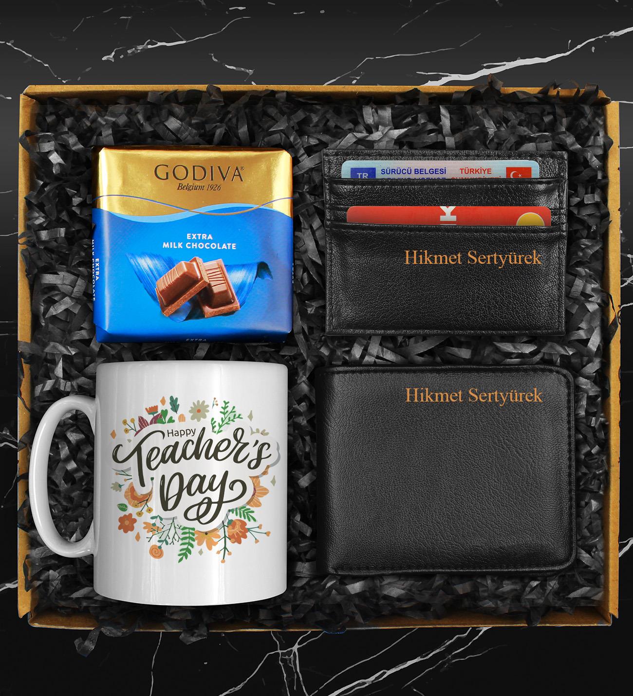Öğretmenler Gününe Özel Tasarım Kupa & Cüzdan & Kartvizitlik & Godiva Seti
